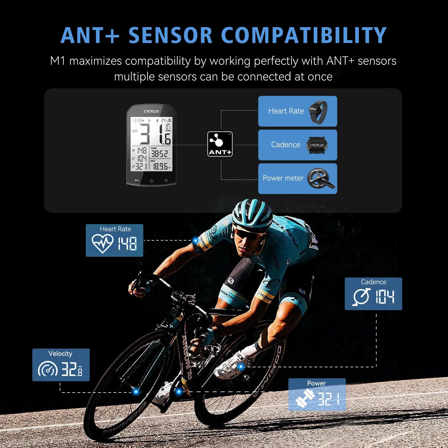 CYCPLUS Tachimetro GPS per Bici Impermeabile ANT+ Wireless Bluetooth Display LCD 2,9 Pollici