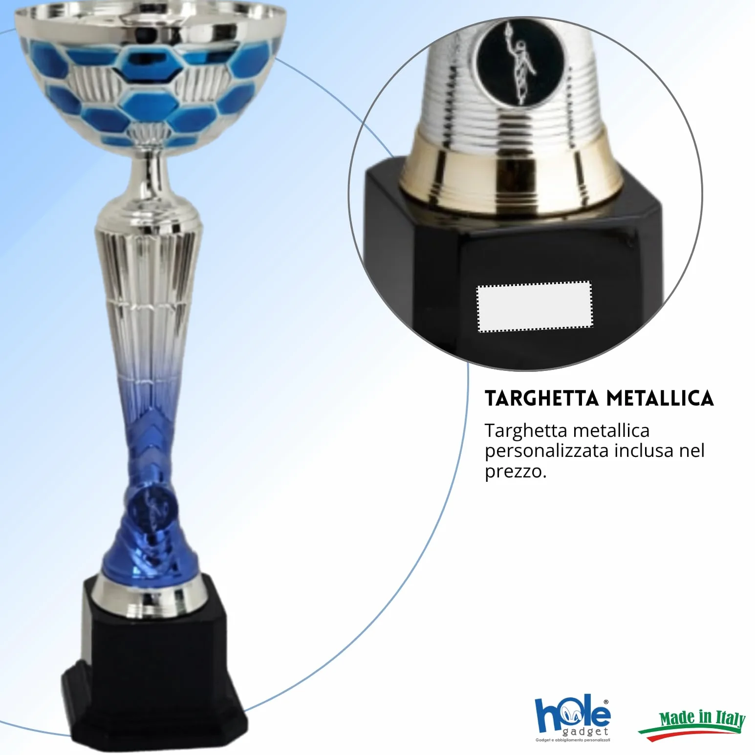 Personalizowana Coppa Trofeo Argento e Blu Metallo con Targhetta Stampata Varie Misure Calcio Fantacalcio Padel Basket
