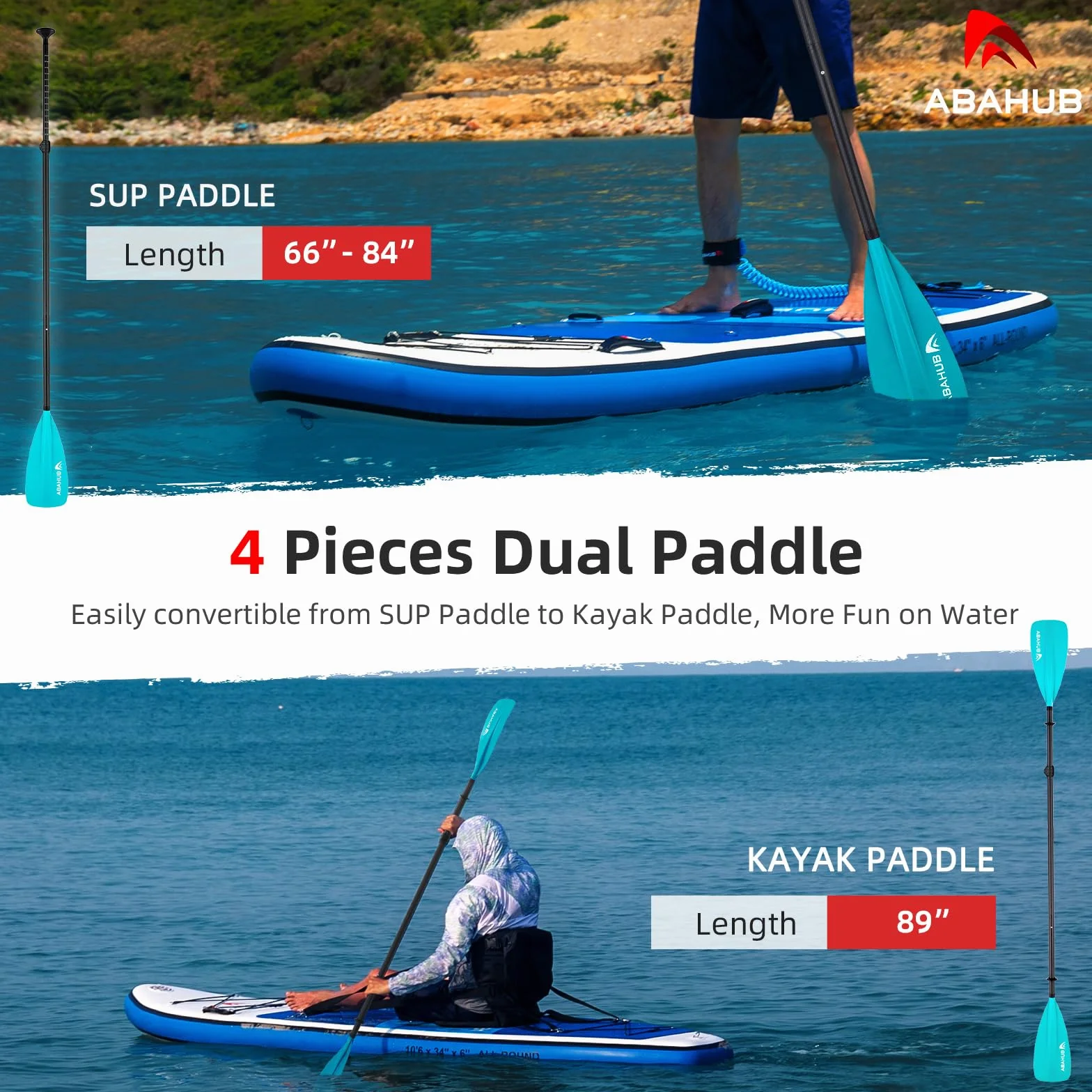Abahub Pagaia SUP Kayak Carbonio 2 in 1 Pagaia Remi Regolabile Paddle Timone Leggero per Stand up Paddleboard, Albero in Carbonio Nero/Blu/Verde/Grigio/Arancione/Rossa in Plastica Nylon Lama