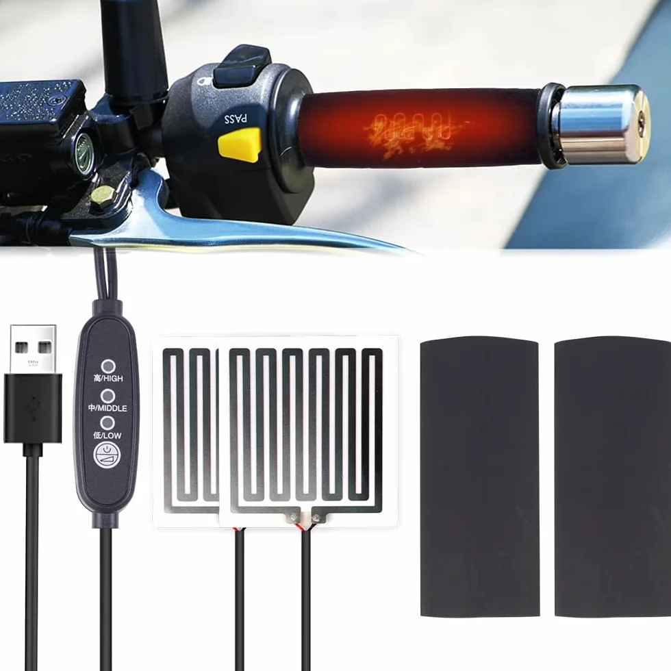 Manopole Riscaldate Moto, HOVCEH 1 Paio 5V USB Universale Manopole Riscaldate, Temperatura a Tre Livelli, Heated grips per Motociclette, Biciclette, Scooter