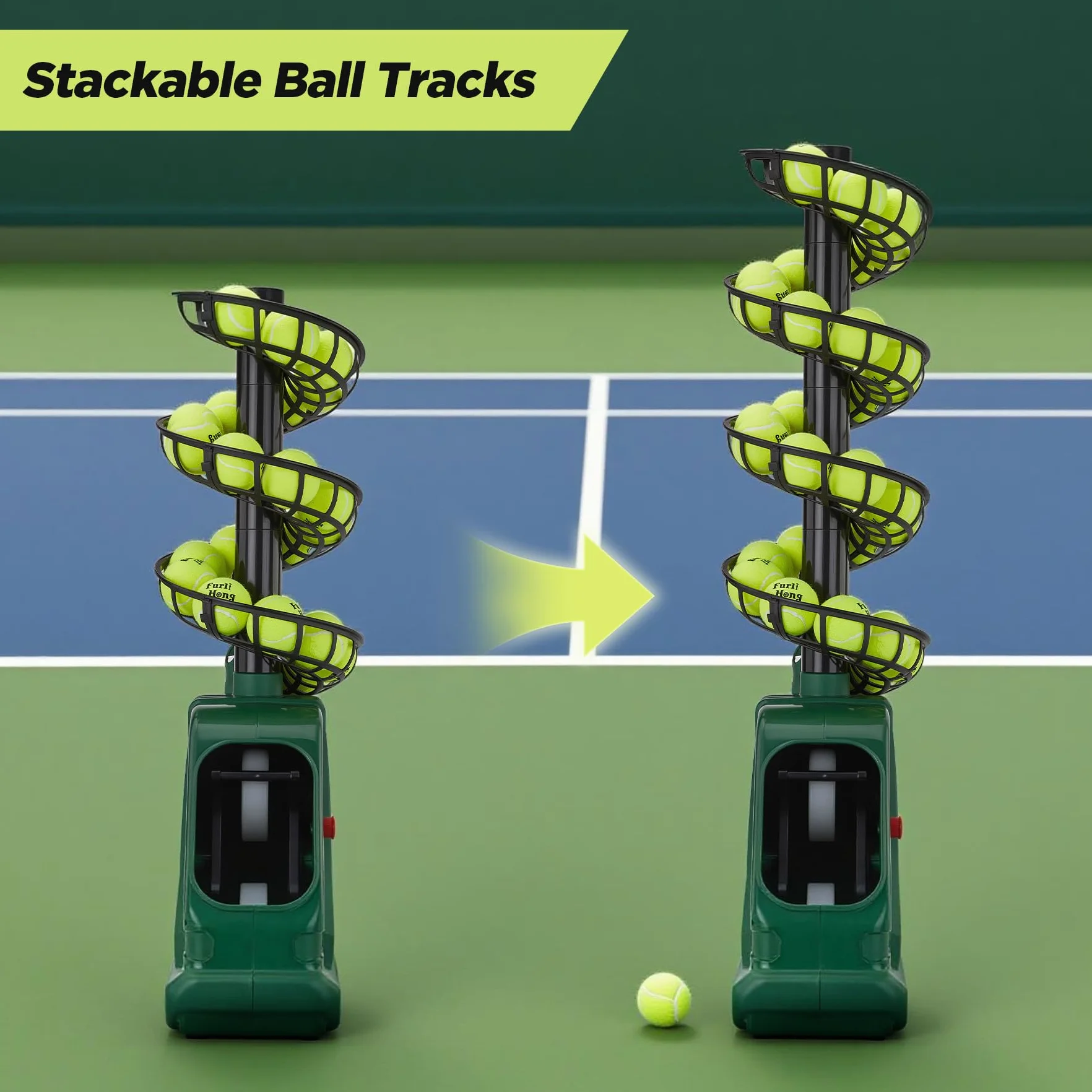Furlihong 3819BH Macchina per pallina da tennis, 30 MPH, angolo di lancio regolabile, batteria o adattatore 12V