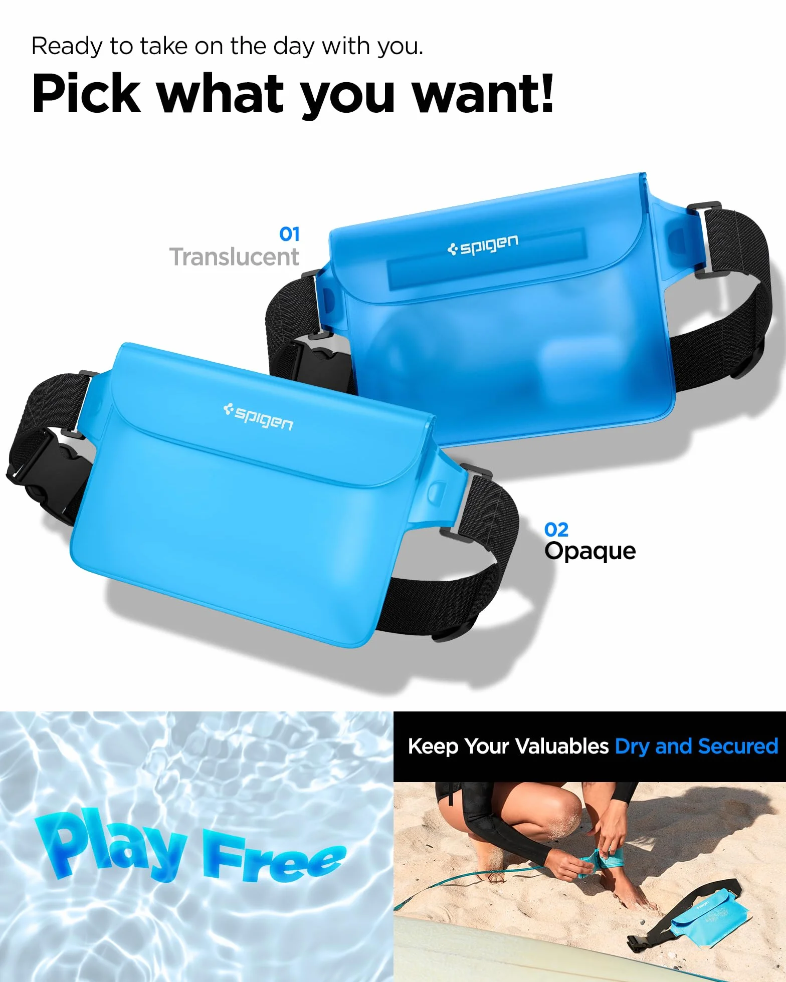 Spigen A620 Aqua Shield IPX8 Borsa impermeabile Marsupio Sport Pouch con cinturino vita Regolabile 2 pezzi - Mare Blu