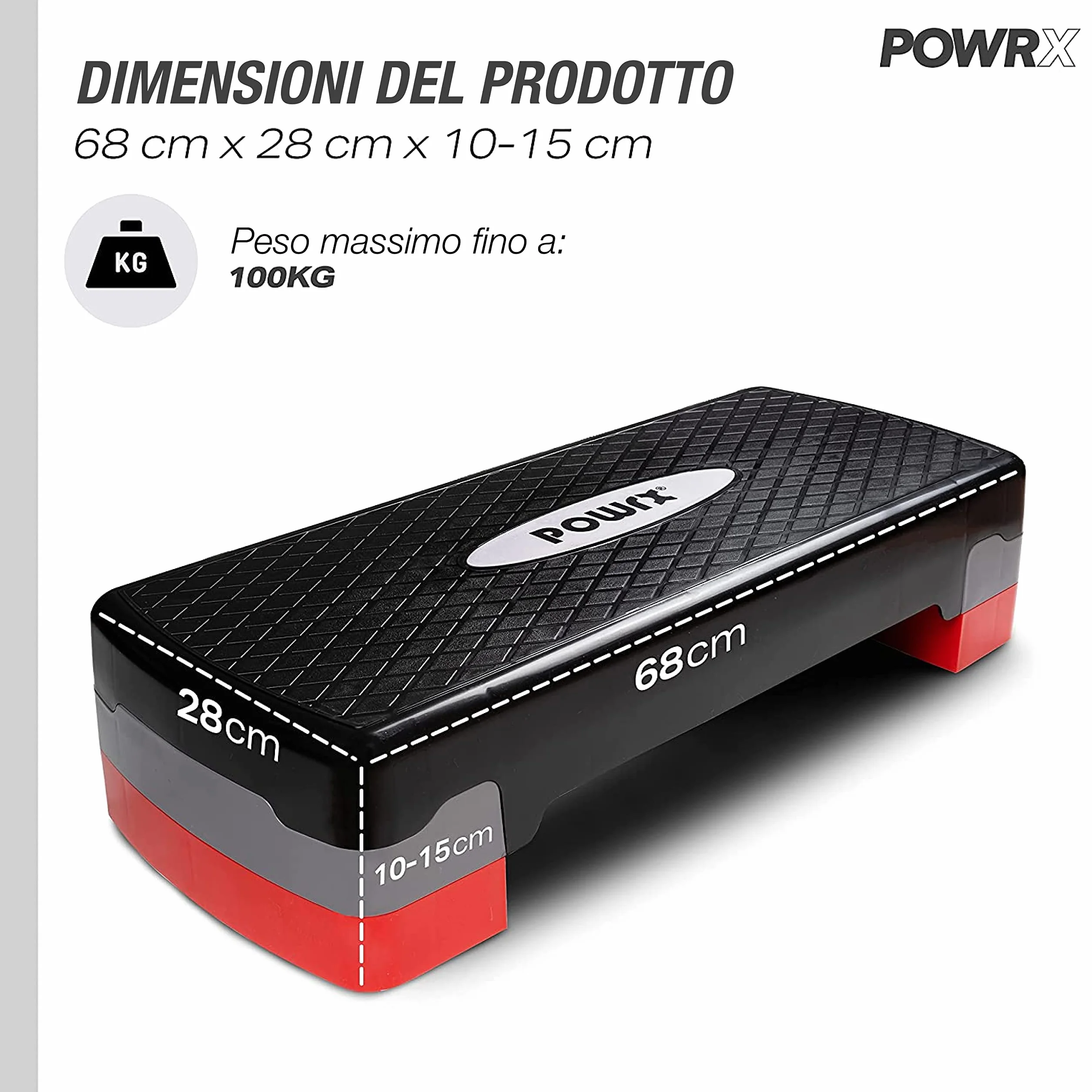 POWRX Step da aerobica 68 x 28,5 cm Stepper fitness Altezza regolabile superficie antiscivolo Nero Rosso