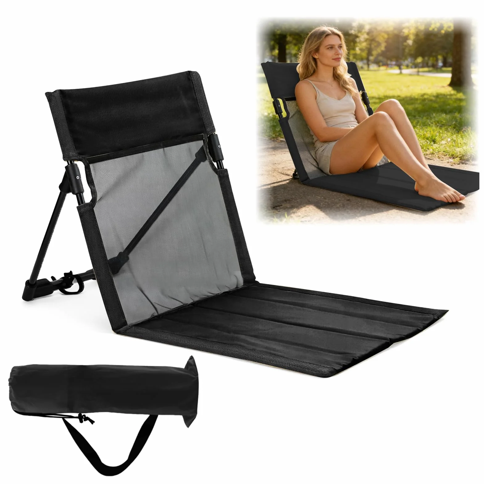 Sedia Spiaggia Pieghevole con Schienale Leggero, Tappetino da Spiaggia, Adatto per Campeggio e Attività all'Aperto (Nero-Traspirante)