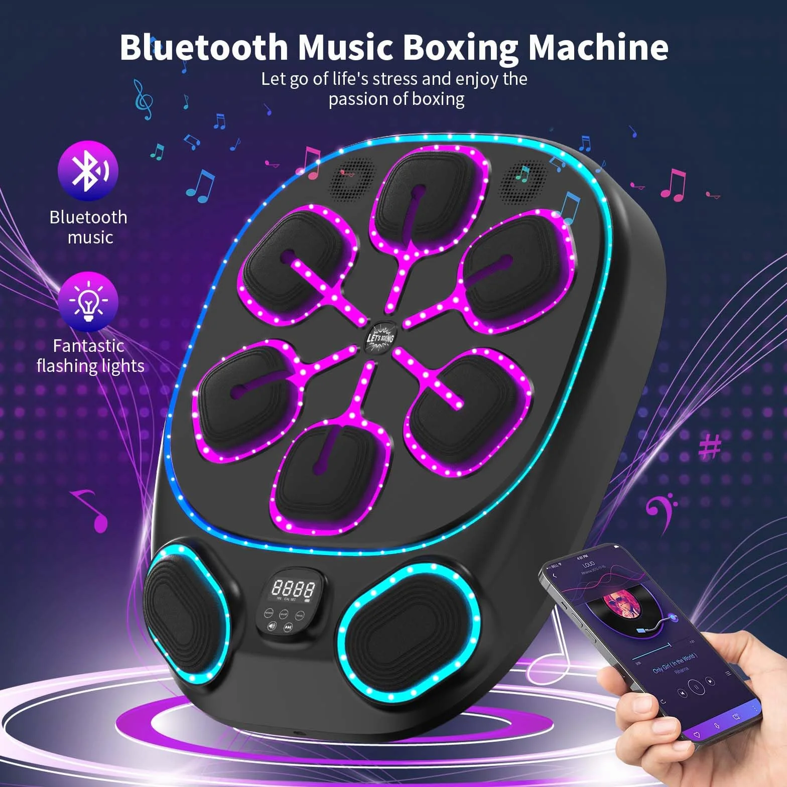 Macchina da Boxe Musicale con luci LED, Bluetooth, 9 modalità di velocità e Funzione di conteggio – Macchina da Boxe Elettronica per Bambini e Adulti – Boxe Musicale per casa e Palestra