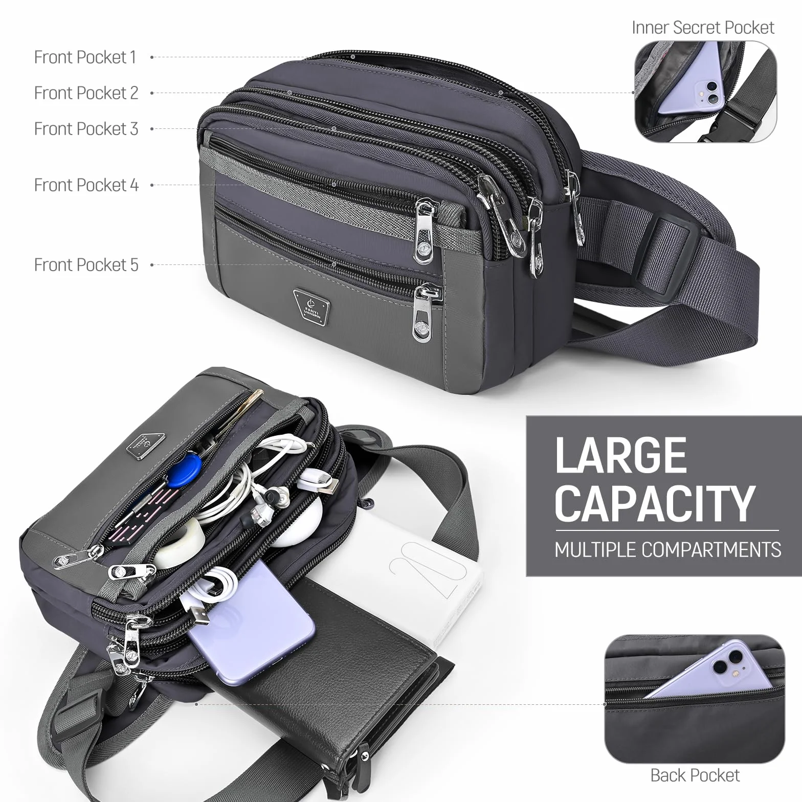 Marsupio Sportivo Uomo Donna con Tracolla Regolabile 7 Zip Tasche Corsa Ciclismo Grigio
