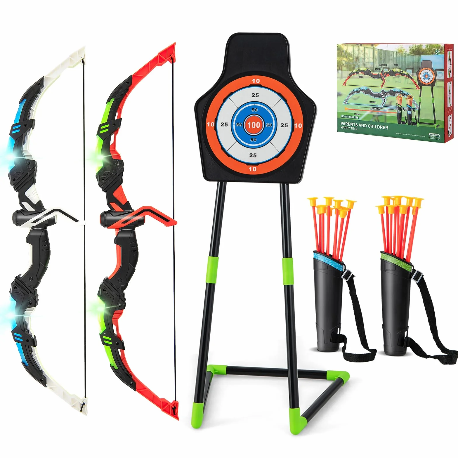GYMAX Set di 2 Archi e Frecce a LED per Bambini con 20 Frecce a Ventosa, 2 Faretre e Bersaglio