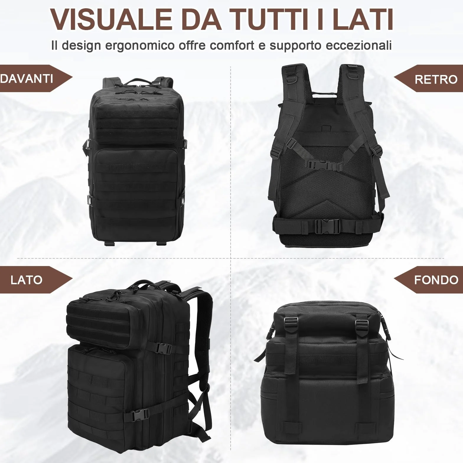 SHANNA Zaino Tattico Militare 45 Litri Impermeabile Grandi Zaini da Hiking Molle per Escursionismo Campeggio Caccia