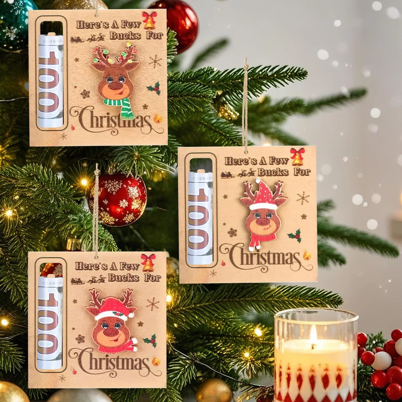 Portasoldi Natalizi in Legno 3 Pezzi Ornamenti Decorativi a Clip per Denaro per Albero di Natale
