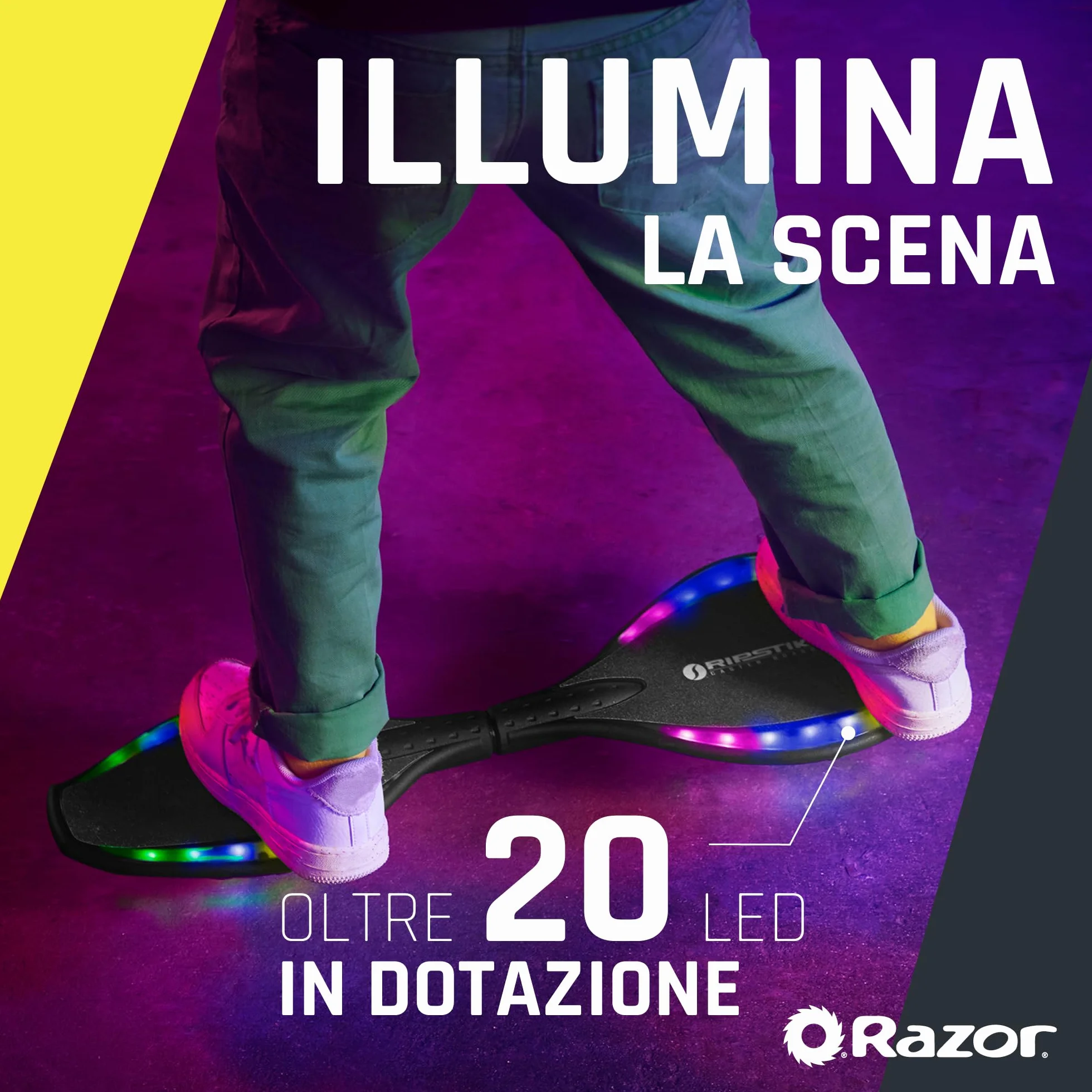 Razor Ripster Lightshow Waveboard - Tavola a Rotelle per Bambini Dagli 8 anni in su con Sterzo a 360°, Ponte Luminoso Attivato dal Movimento, 5 Modalità di Luce, Antiscivolo - Nero
