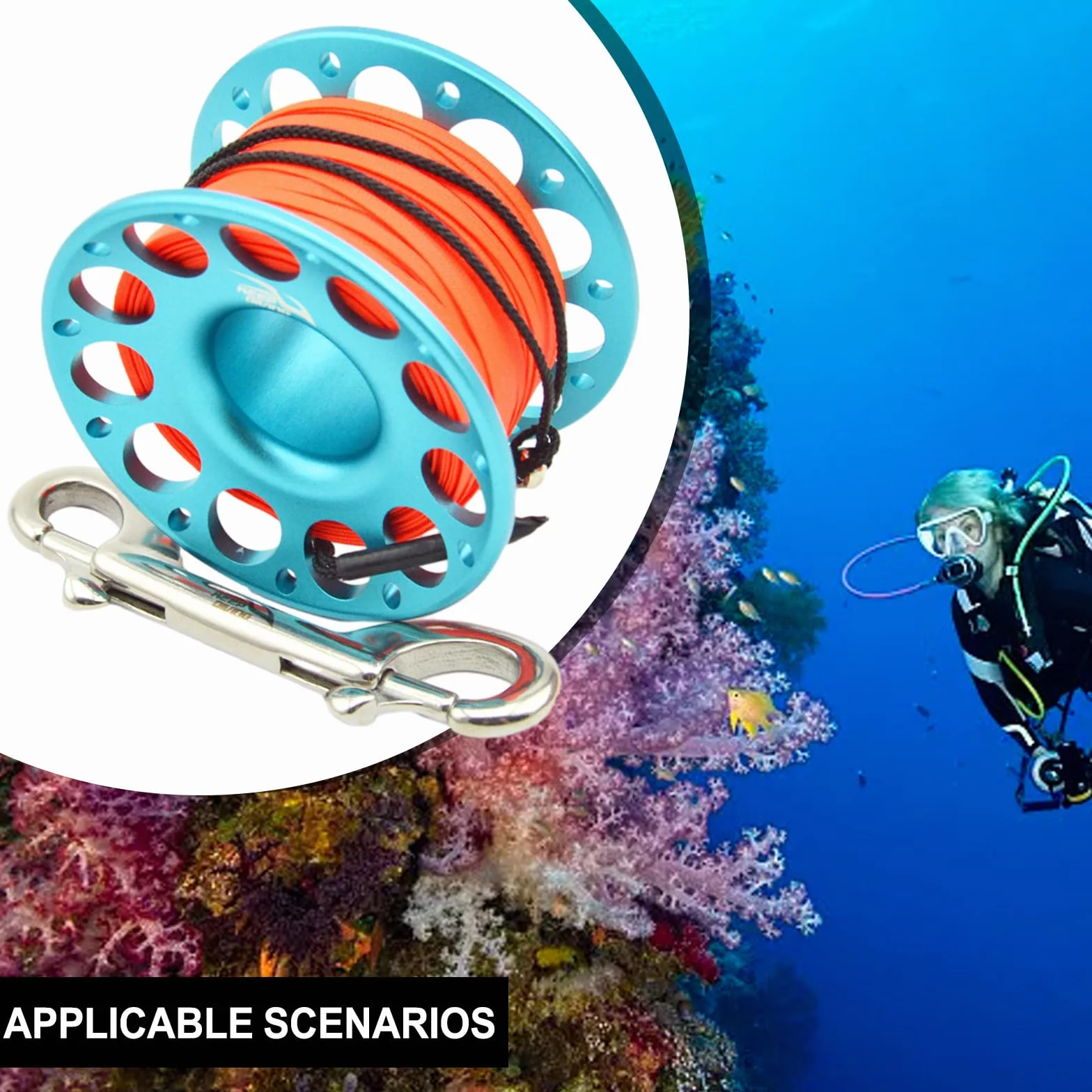Mulinello per immersioni subacquee in lega di alluminio 30 m bobina da dito ad alta visibilità