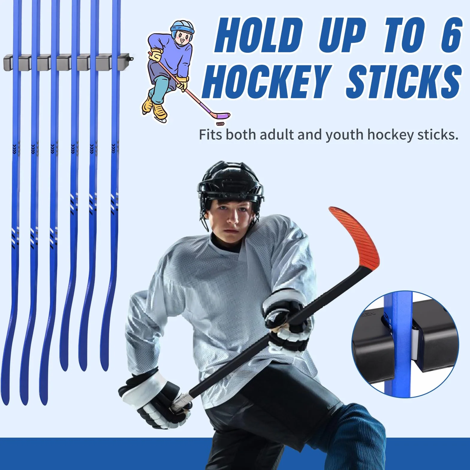 BOOSTEADY Porta Bastoni da Hockey da Parete, Supporto per 6 Bastoni, Organizzatore a Risparmio Spaziale