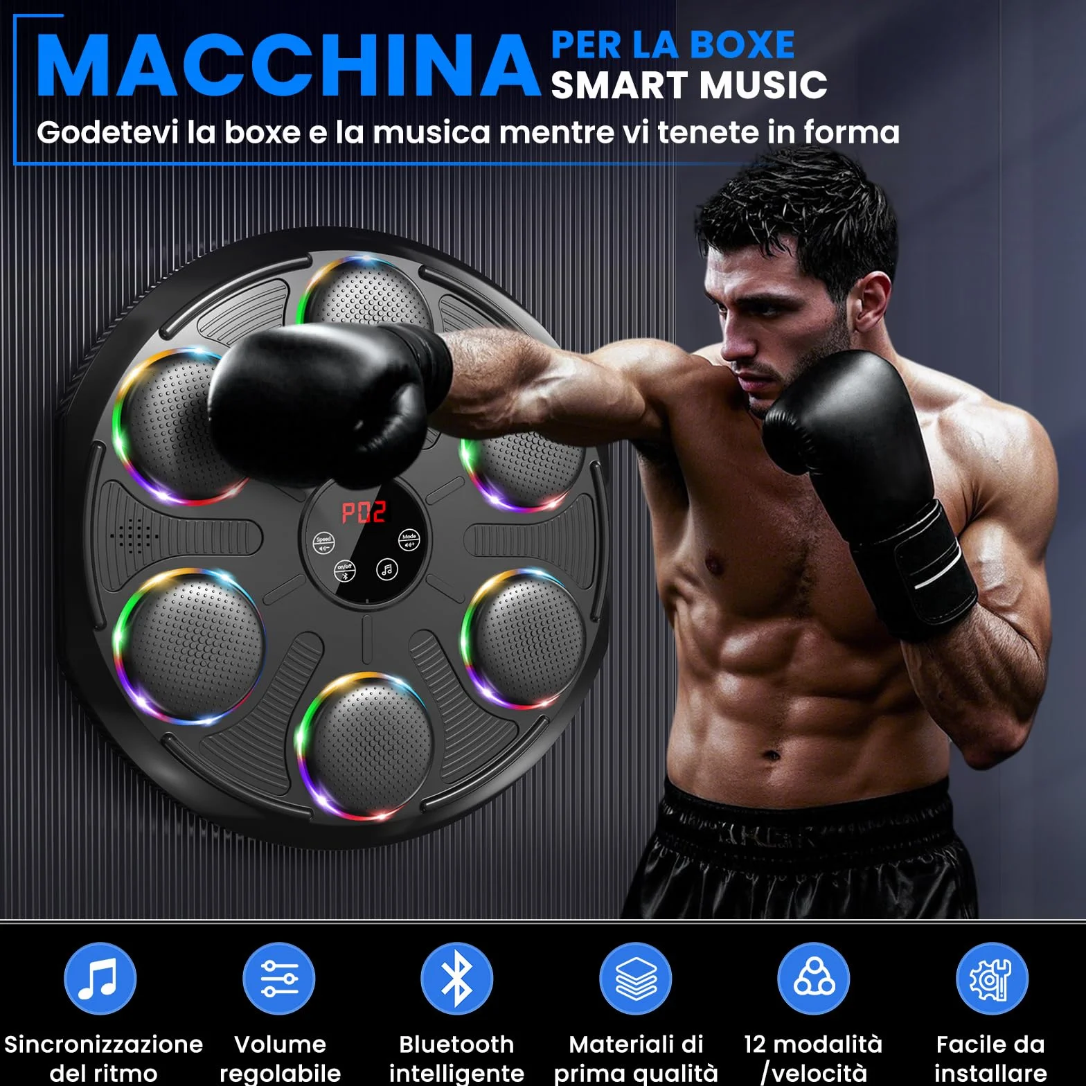 Macchina da Boxe Musicale, Extra Large Professionale a Parete con LED Dinamico et Guantone, Bluetooth Smart, Musica Elettronica a 12 velocità, per Adulti e Bambini, Interni e Palestre, Nero