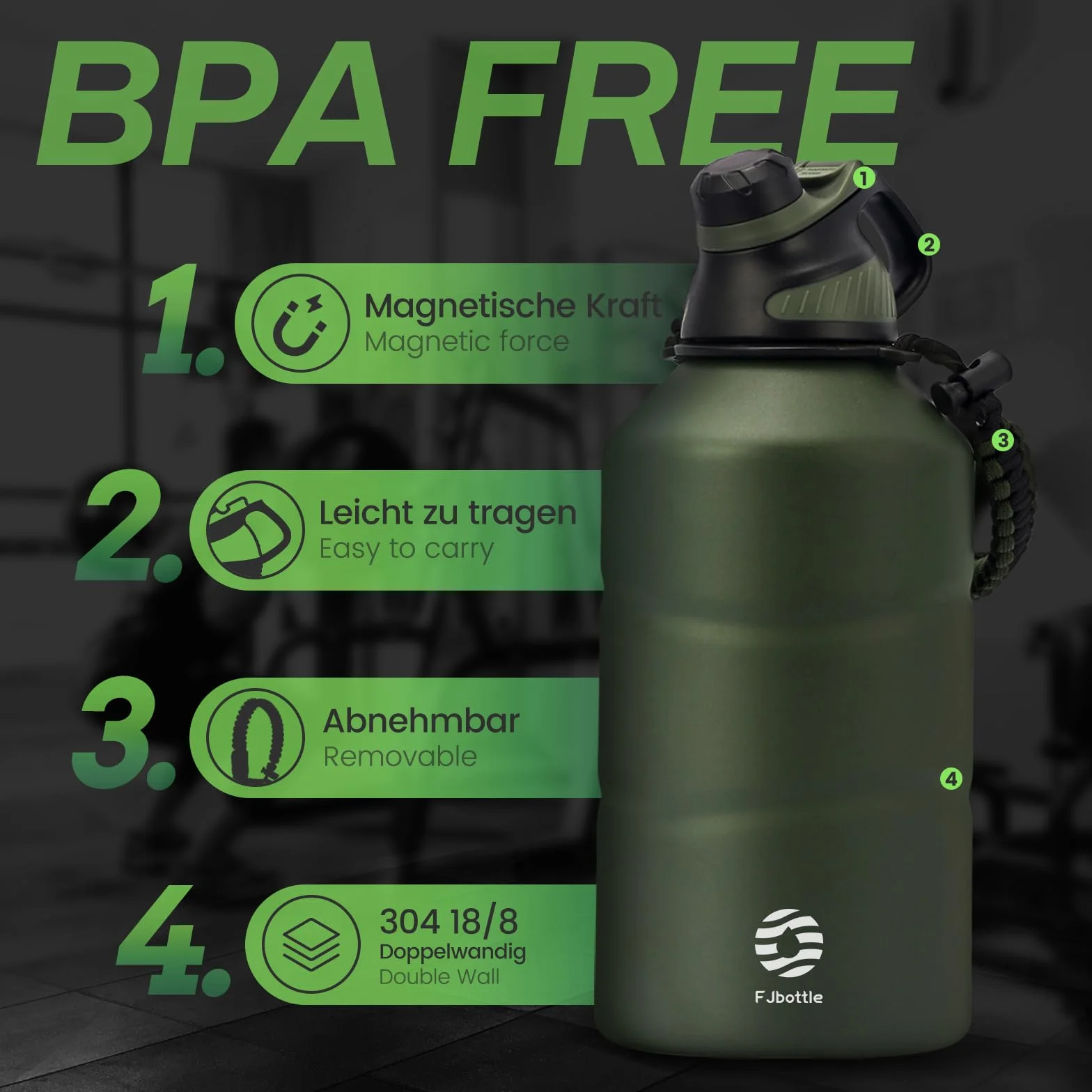 Fjbottle Borraccia Termica 1900ML Acciaio Inox Senza BPA Sportiva con Tappo Magnetico