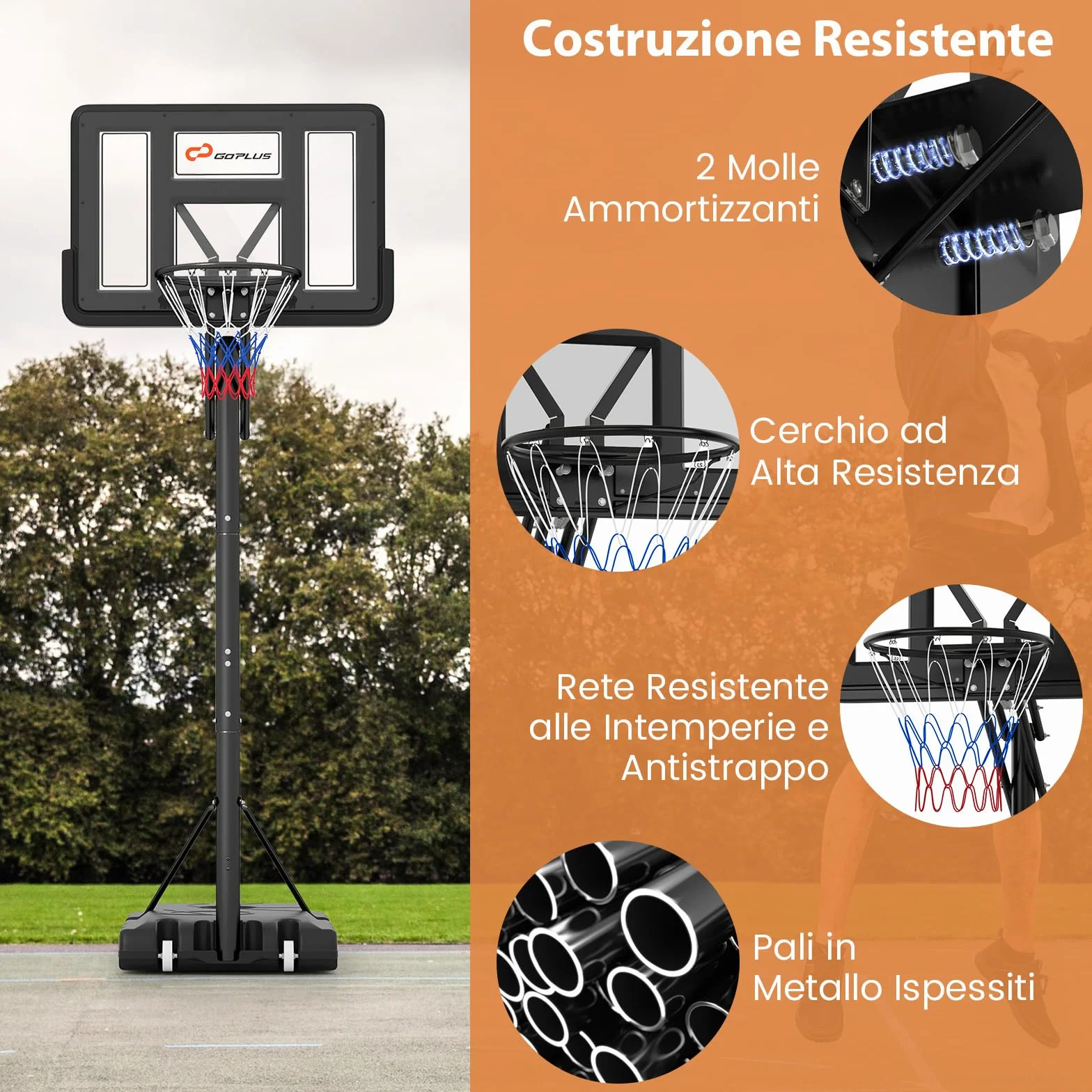 COSTWAY Canestro da Basket da Esterno Portatile Regolabile in Altezza 1,5-3 M Tabellone PC 111 cm Base Riempibile