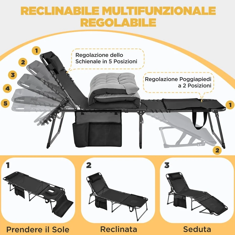 Yaheetech Lettino da Spiaggia Pieghevole Materasso Spesso 5 Regolazioni Tasca Laterale Portata 136 kg 189 x 67 x 35 cm Nero