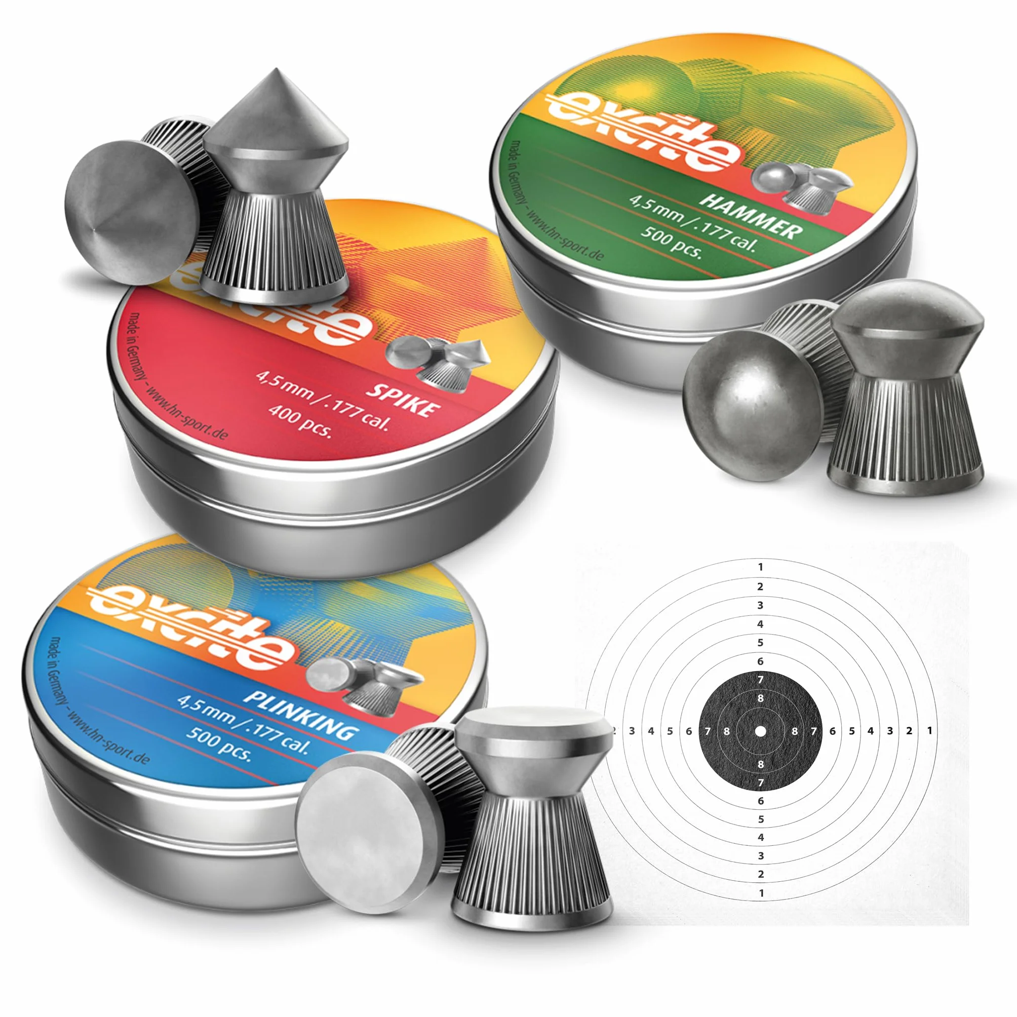 Kit Piombini Softair Cal. 4.5 - Set 3 Scatole HN Hammer, Spike, Plinking + 10 Bersagli 14x14 cm - Pallini Piombo per Carabina e Pistola Aria Compressa, Ideale per Tiro a Segno Sportivo