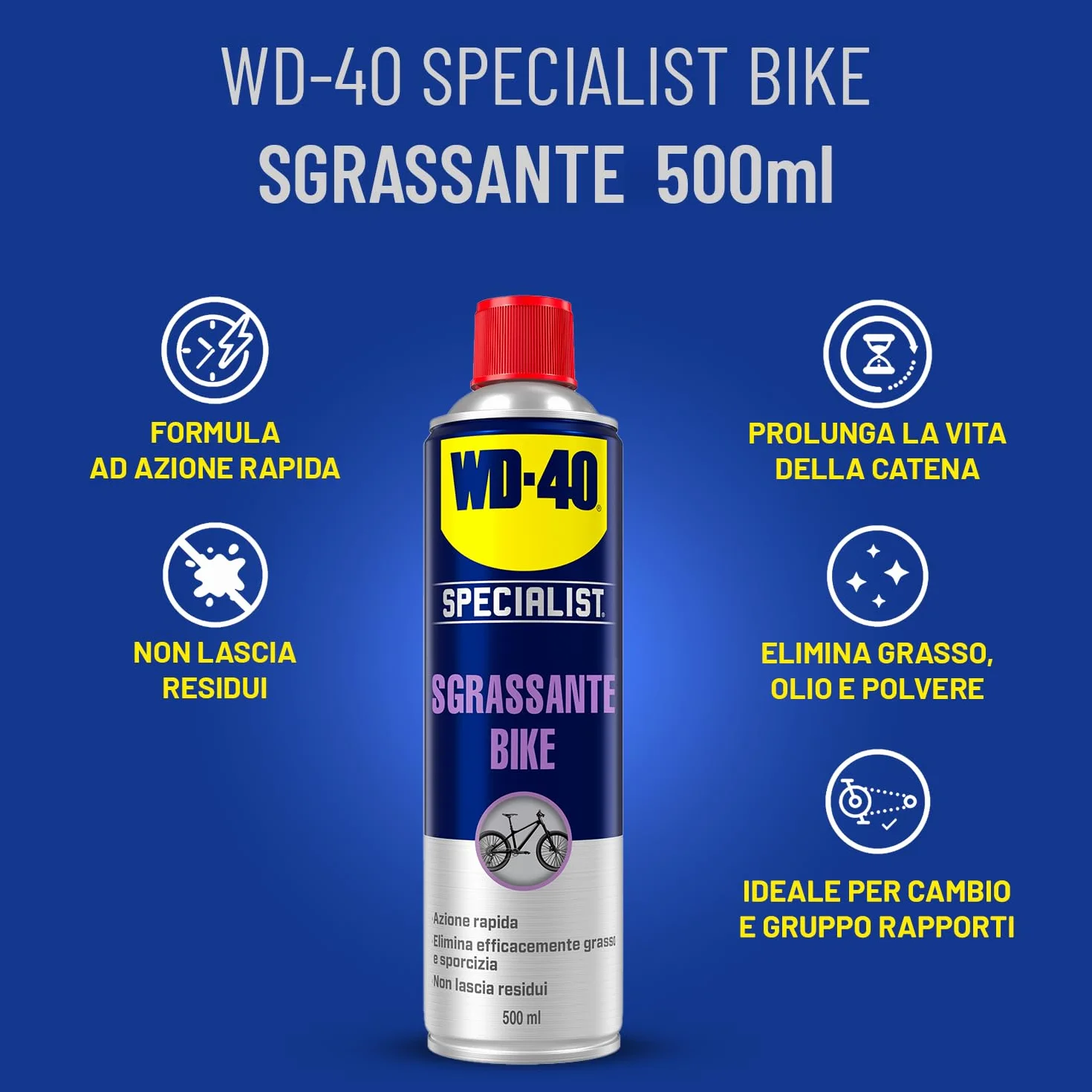WD-40 Sgrassante Bike Spray 500ml - Rimuove grasso e sporco per catena bici e deragliatori