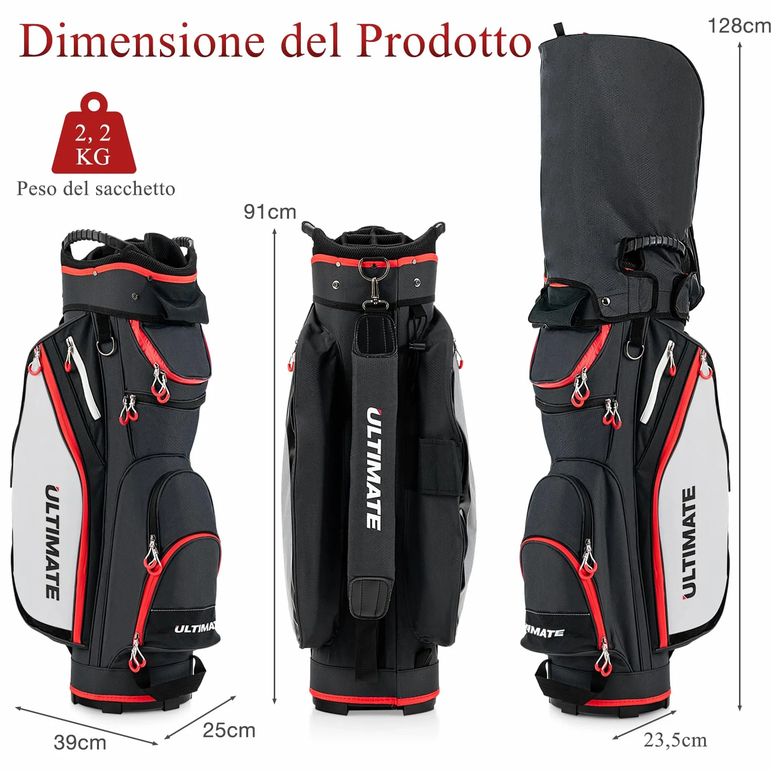 GYMAX Borsa da Golf 14 Divisori 8 Tasche con Cerniera Borsa Termica Copertura Antipioggia