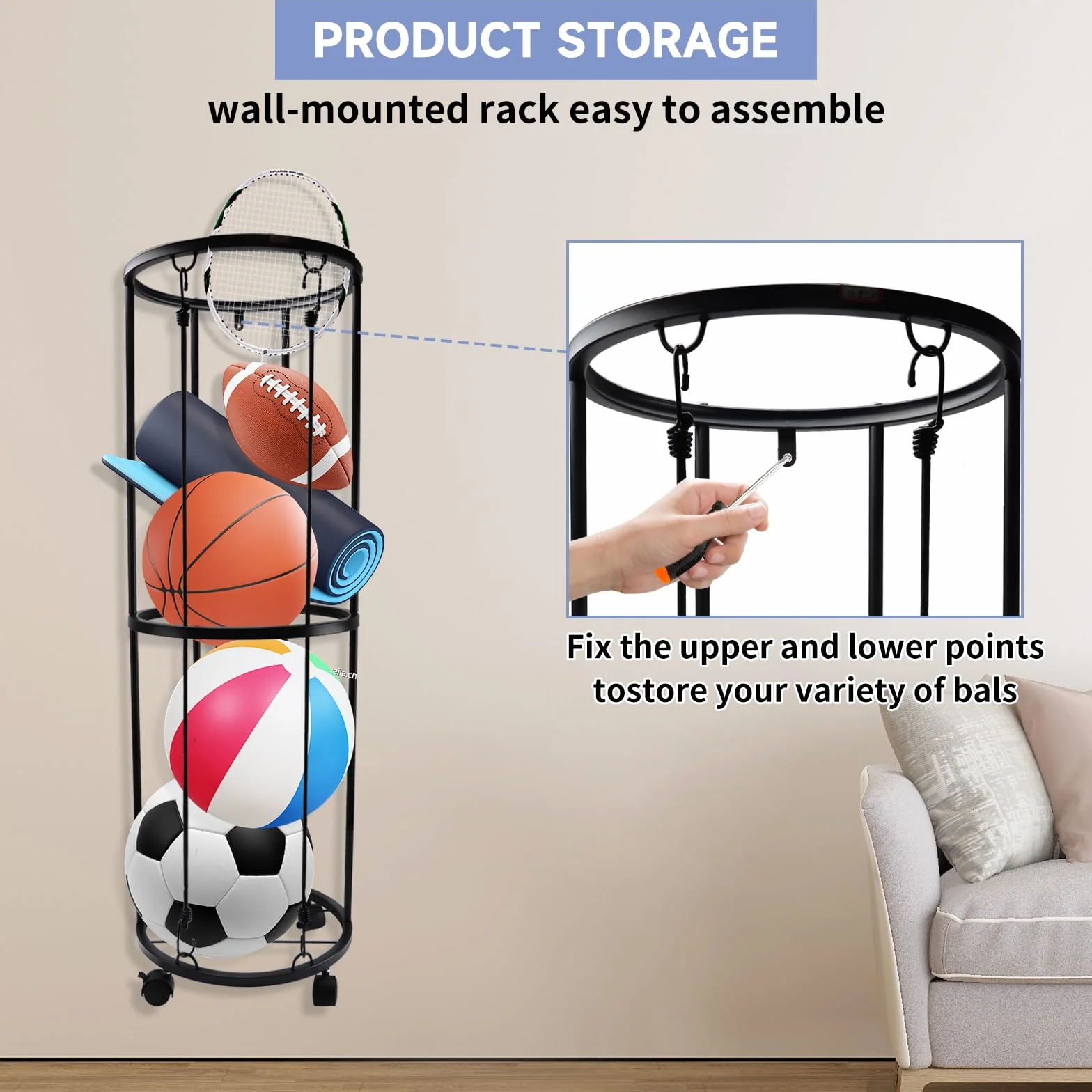 Rastrelliera da Basket Porta Palloni da Calcio con Ruote Acciaio Stoccaggio Attrezzature Sportive per Garage