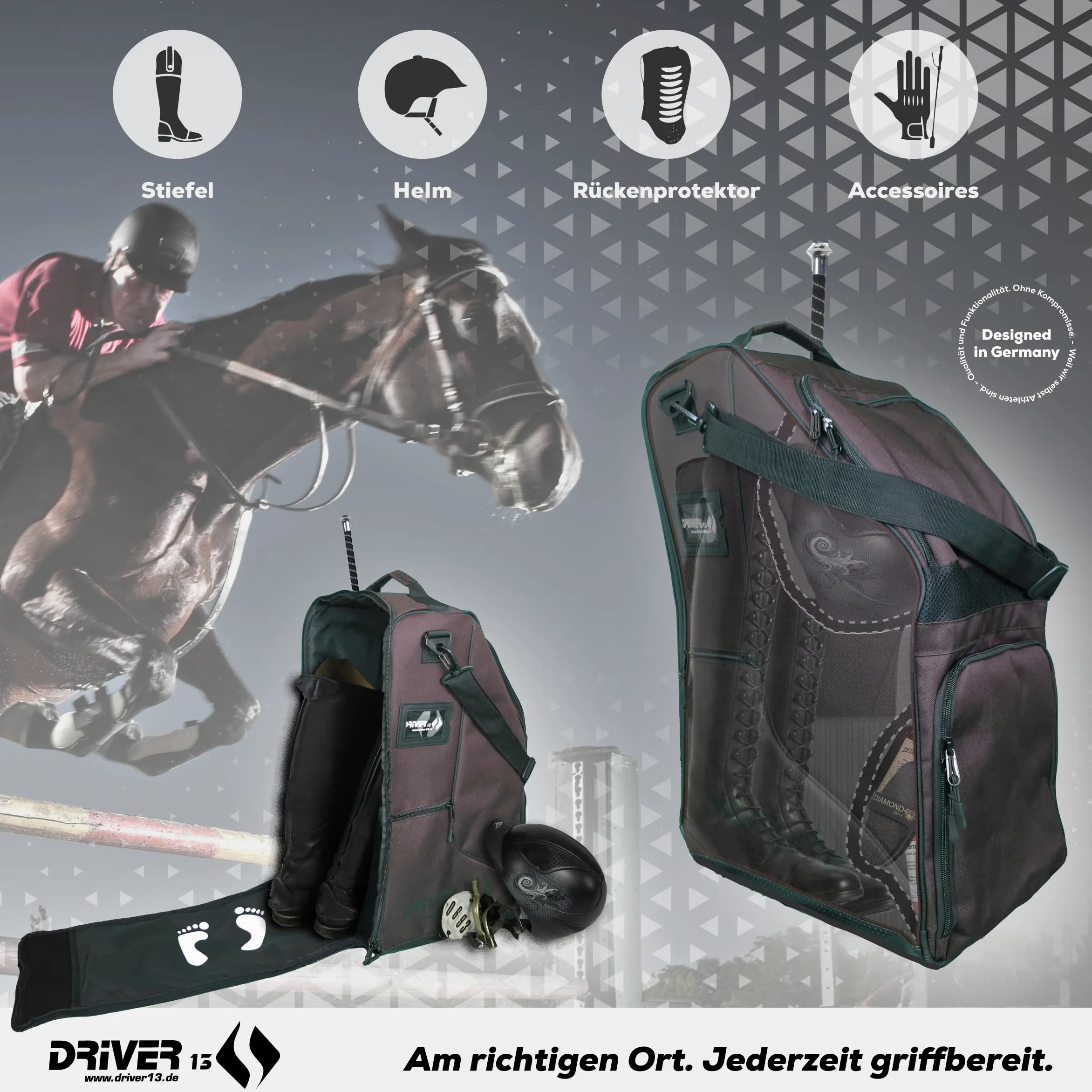 Driver13 borsa stivali equitazione Deluxe con scomparto casco, borsa per stivali fino a 60 cm, tracolla, marrone, 35 x 30 x 60 cm