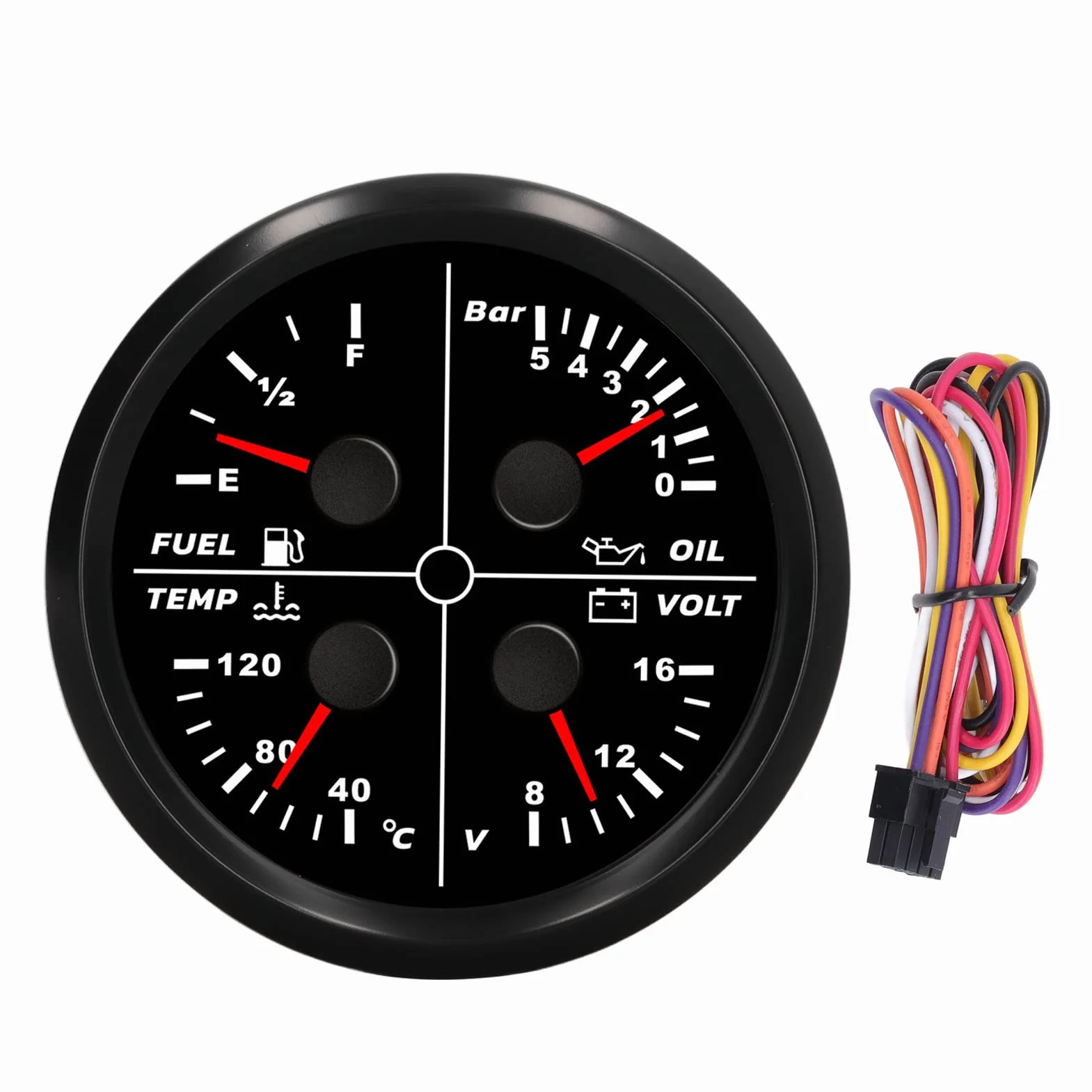 Kit Manometro Multifunzione, 85 Mm 4 in 1 Indicatore Multifunzione Livello Carburante Pressione Olio Temperatura Acqua Misuratore di Tensione Tipo di Puntatore per RV Yacht Ship