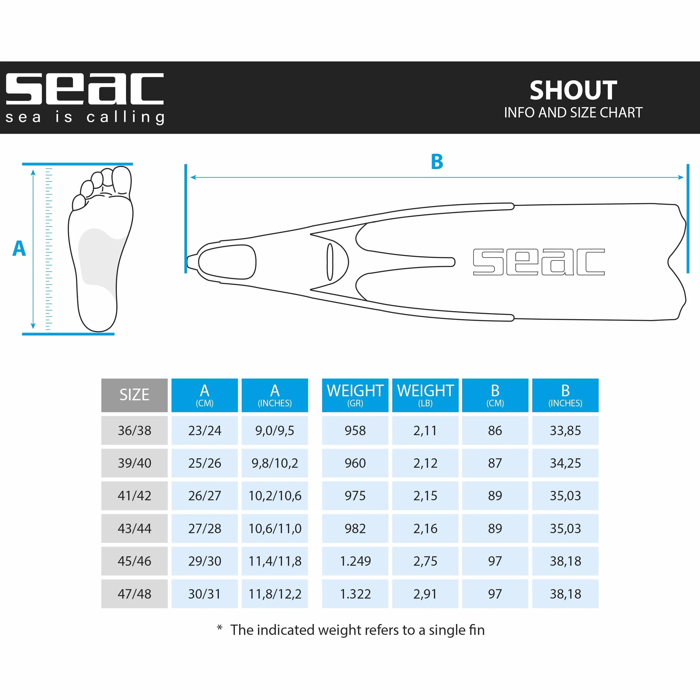 SEAC Shout Pinne Lunghe Pesca Sub Apnea Immersioni Unisex Adulto