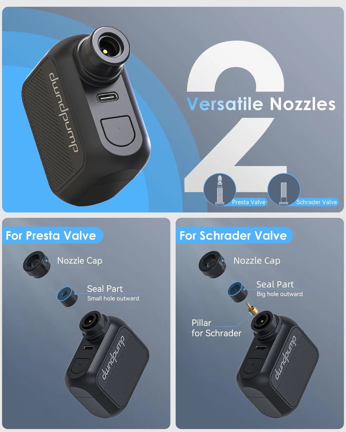 Mini pompa per bicicletta portatile 100PSI elettrica con valvole Presta e Schrader