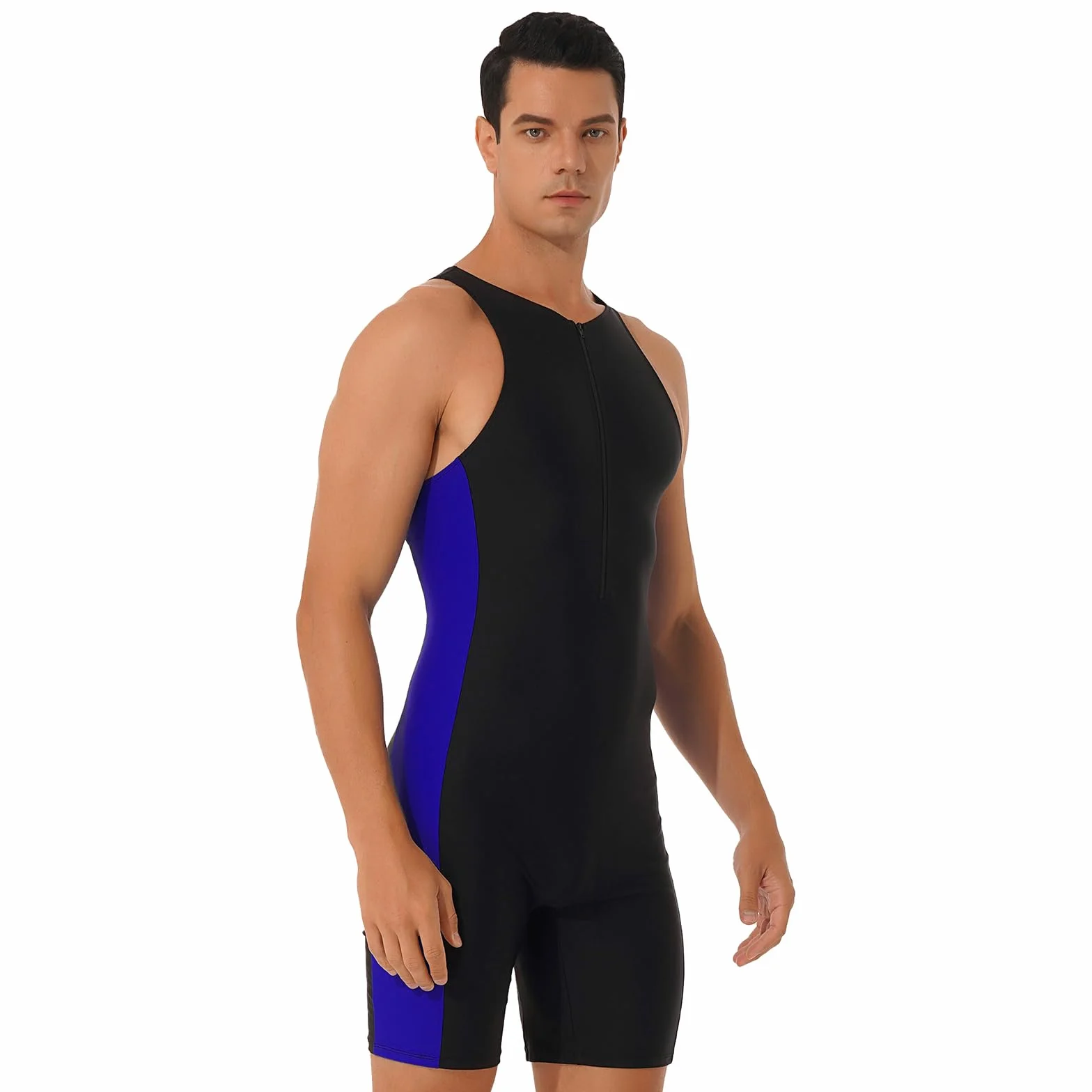 Costume da Bagno Uomo Intero Scollo Tondo Senza Maniche Pantaloncini Laterali Muta Triathlon Spiaggia Piscina Nuoto