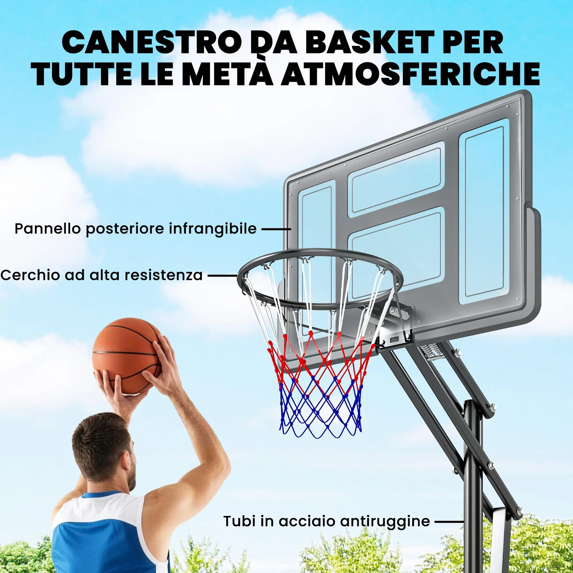 SPORTNOW Canestro Basket Regolabile 235-305 cm, Tabellone Infrangibile, Portatile, Nero