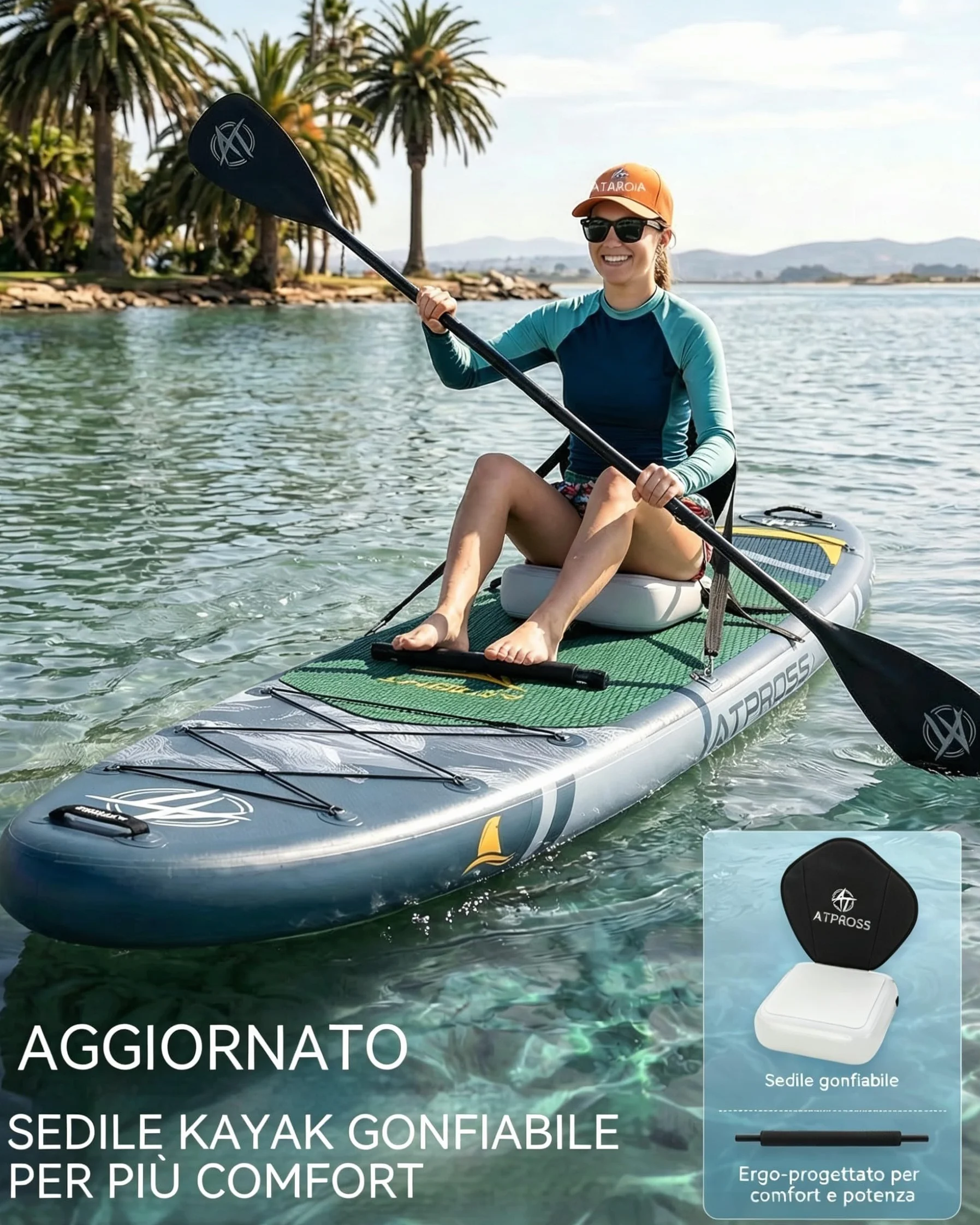 Tavola SUP Gonfiabile con Sedile Kayak e Accessori, 366x92cm Stand Up Paddle Extra Largo e Stabile, Portata 240kg, Canoa Gonfiabile 2 Posti per Yoga, Pesca e Surf