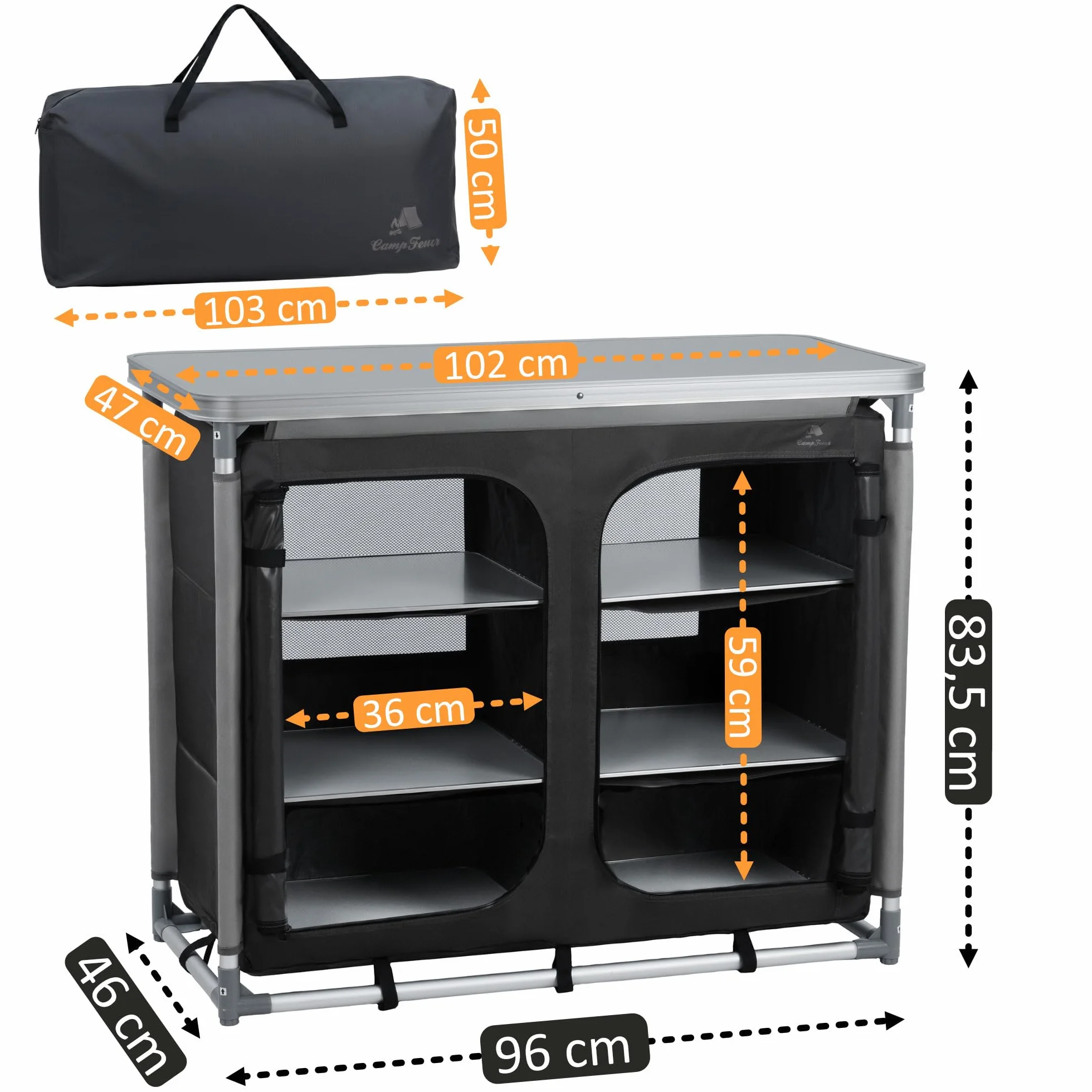 CampFeuer Armadio da campeggio cucina con struttura in alluminio 102 x 47 x 82 cm