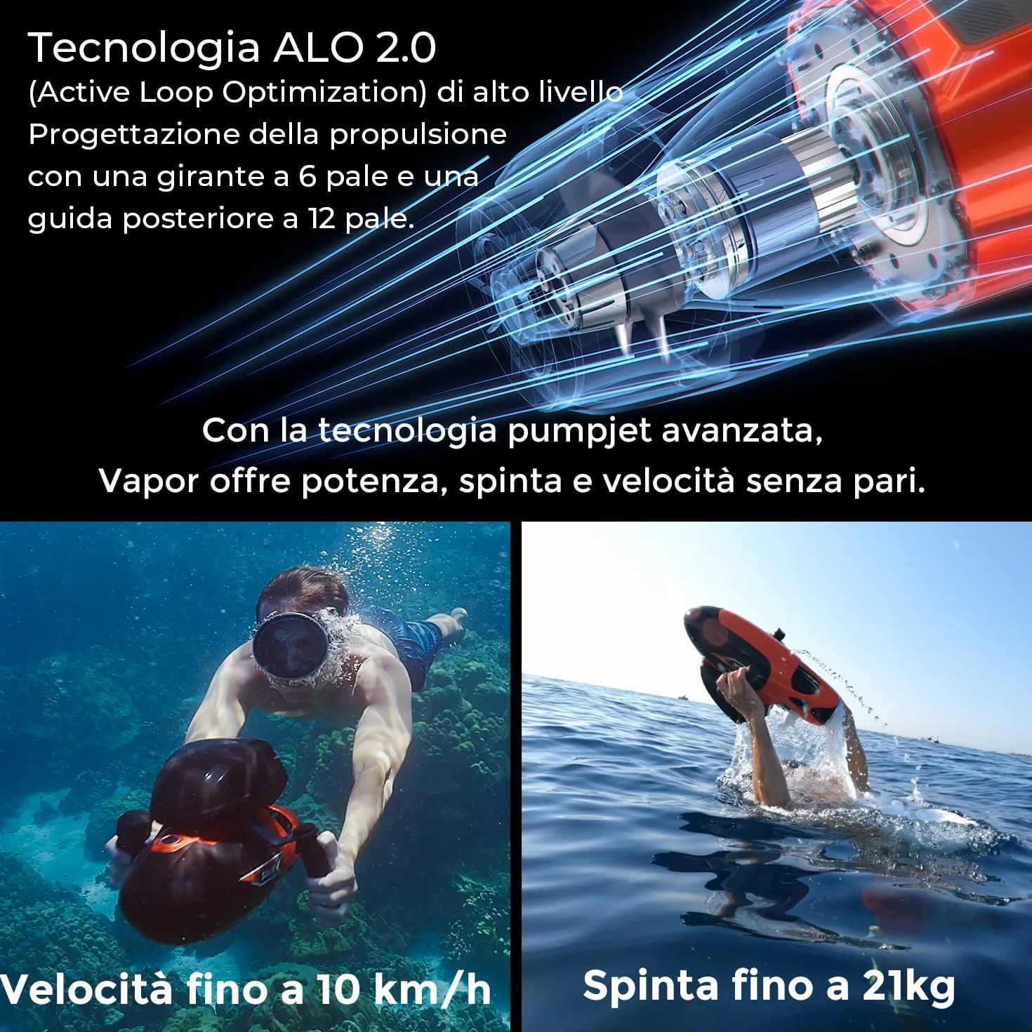 Sublue Vapor Pump-Jet Monopattino subacqueo 3 velocità 60 Minuti 10 km/h 21 kgf