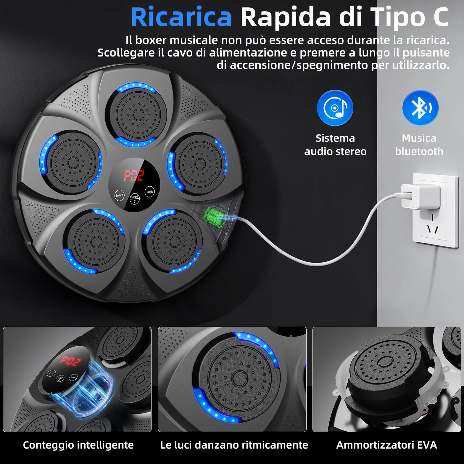 Macchina da Boxe Musicale, Macchina da Pugilato Elettronica Professionale con Guantoni, Bluetooth, 9 velocità/modalità per Bambini e Adulti, Casa, L'Ufficio, Palestra, Nero
