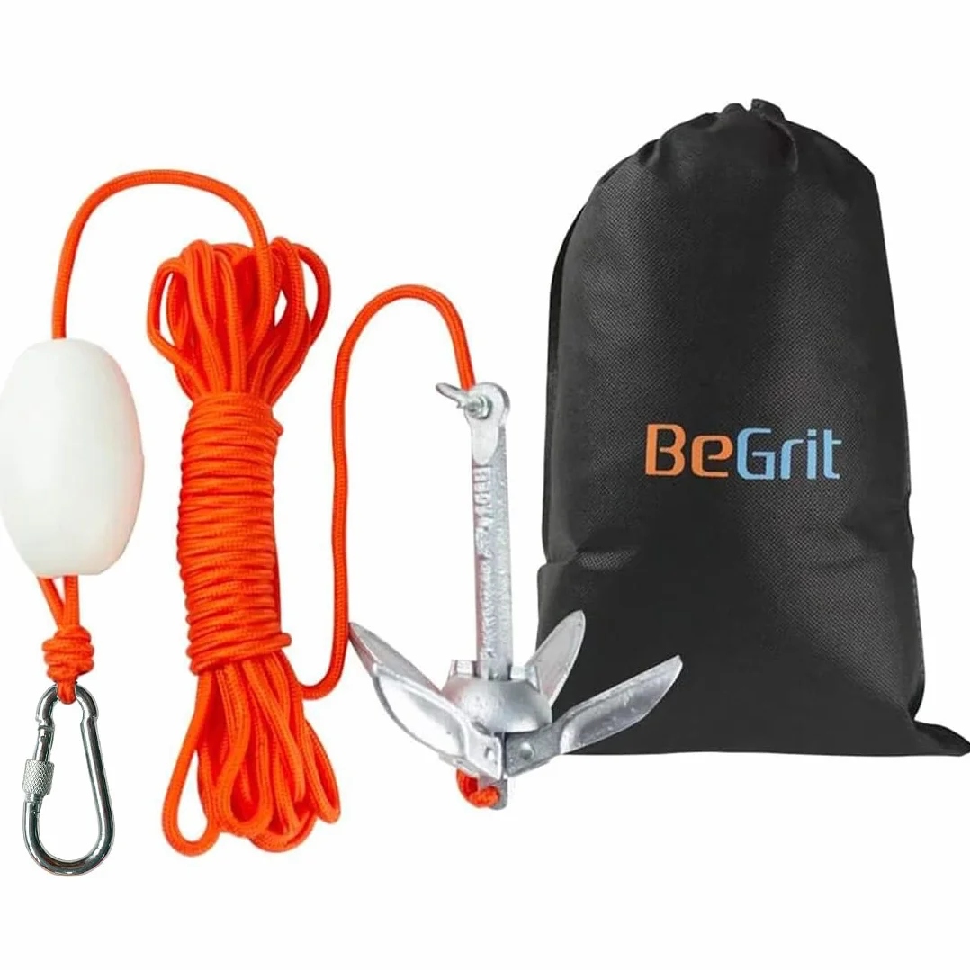 BeGrit Kit di Ancora Barca Kayak Pieghevole 0,7 kg Ancoraggio in Acciaio al Carbonio Ancorotto con Cima Grapnel Anchor per Canoe Jet Ski SUP Paddle Board con Corda da 10m e Borsa con Cordoncino
