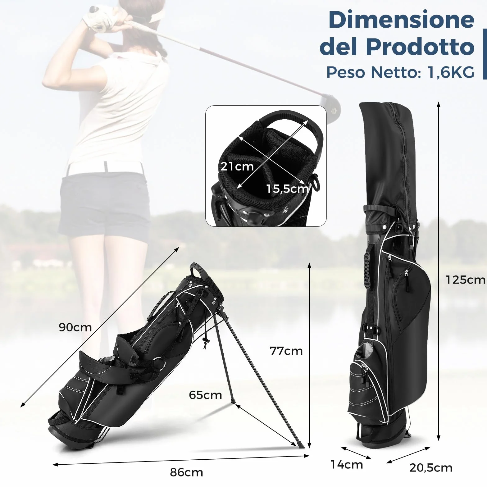 COSTWAY Sacca da Golf con Supporto, Borsa a 4 Scomparti con 4 Tasche, Borsa Frigo, Tracolla Doppia, Cappuccio Antipioggia