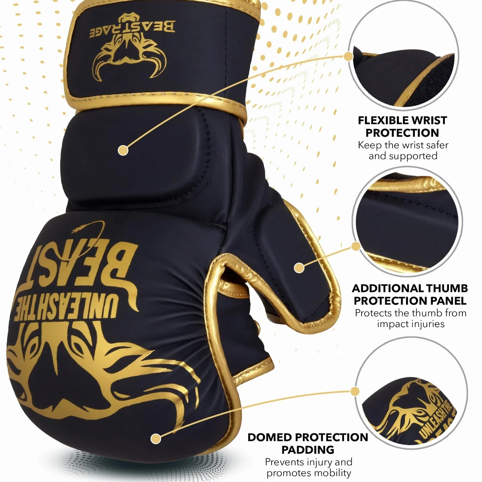 BEAST RAGE Guanti da MMA con Supporto per Polso Regolabile e Palmo Aperto per Arti Marziali, Grappling, Sparring, Muay Thai, Combattimento, Taekwondo, Kickboxing, Boxe, Allenamento