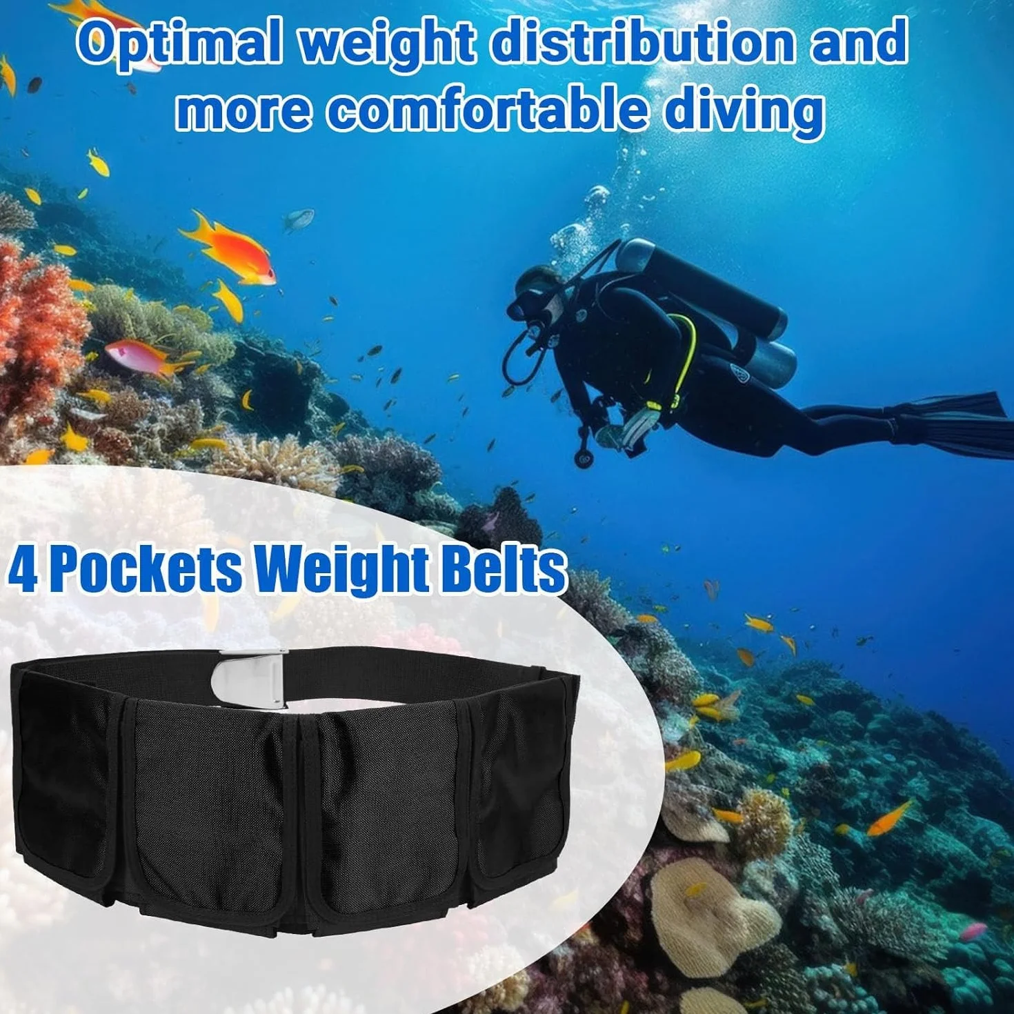 Cintura con Piombi da Sub in Tessuto Oxford 4 Tasche Fibbia Sgancio Rapido Regolabile per Immersioni Snorkeling Apnea