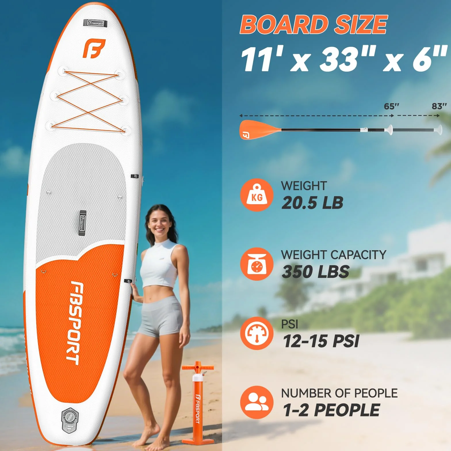FBSPORT Tavola SUP Gonfiabile Adulti 335 cm, Extra Larga 15 cm, Capacità 160 kg, Set Completo con Pagaia e Pompa