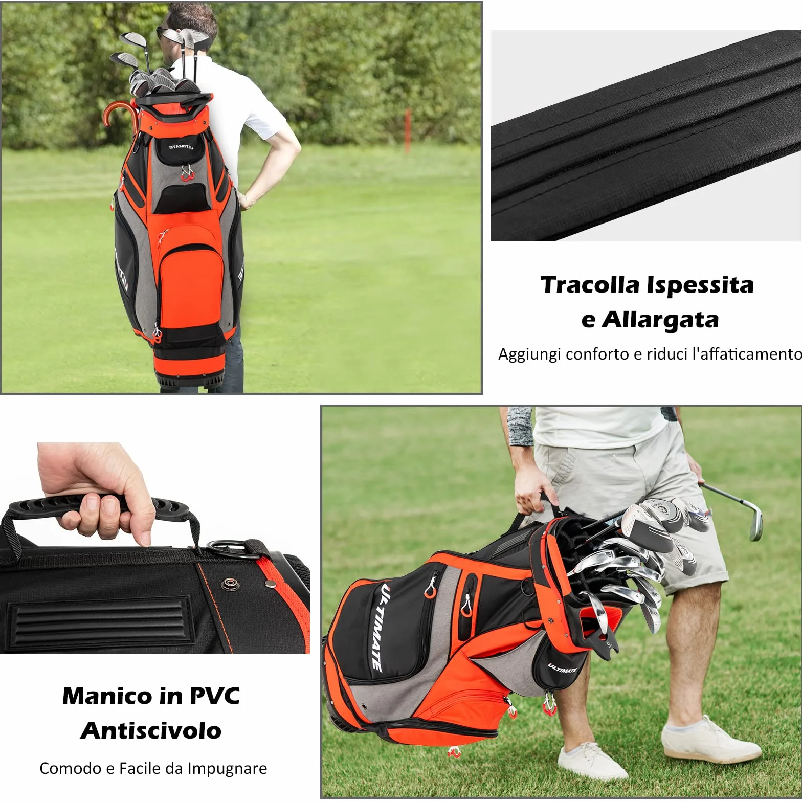 COSTWAY Borsa da Golf Portatile 14 Divisori 7 Tasche Cappuccio Antipioggia Tracolla Manico Portaombrelli Rosso Grigio