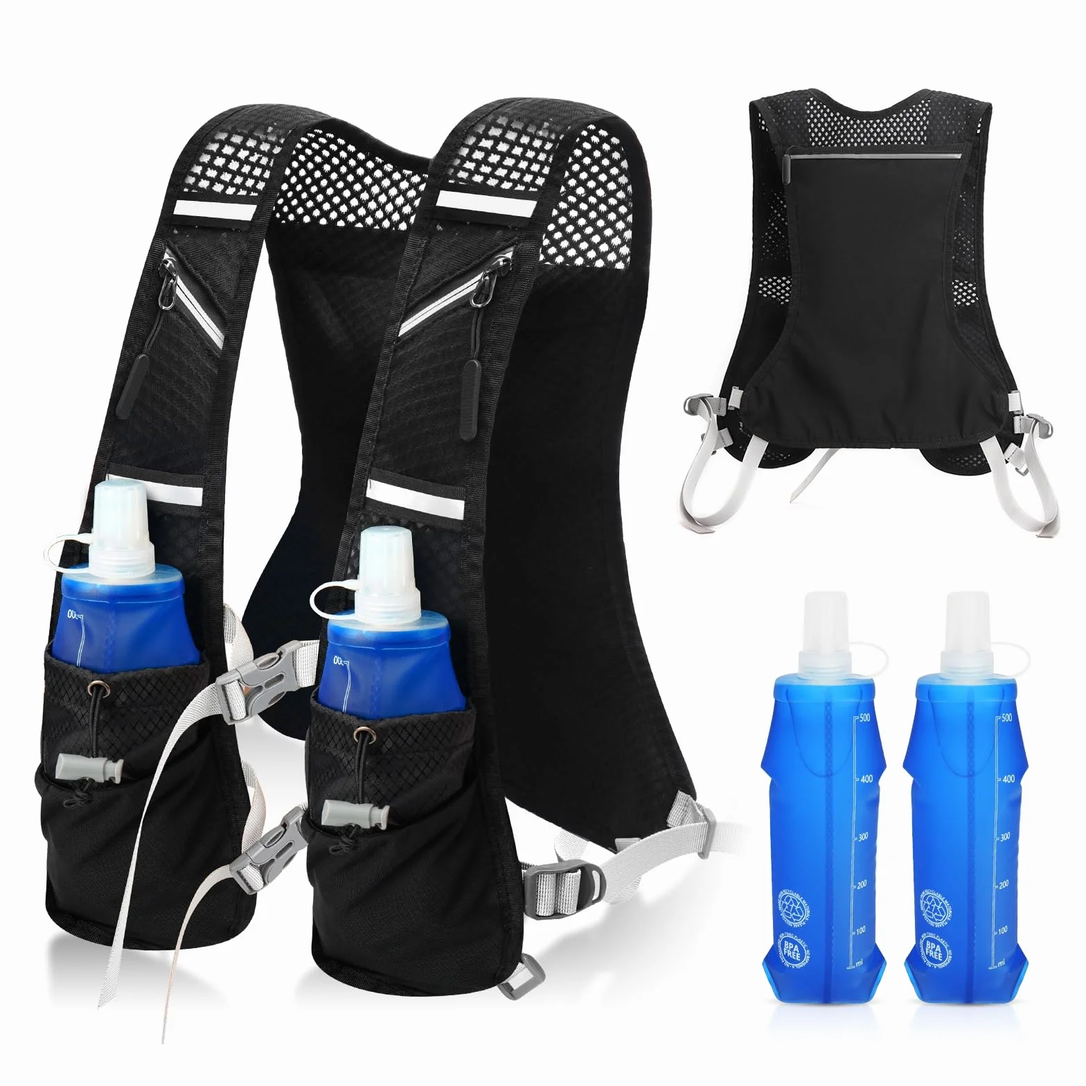 Gilet Running Super Leggero con 2 Borraccia Morbida 500ml, Zaino Trail Running per Uomo e Donna, Cinghie Pettorali Regolabili, Riflettente Traspirante per Corsa Maratona