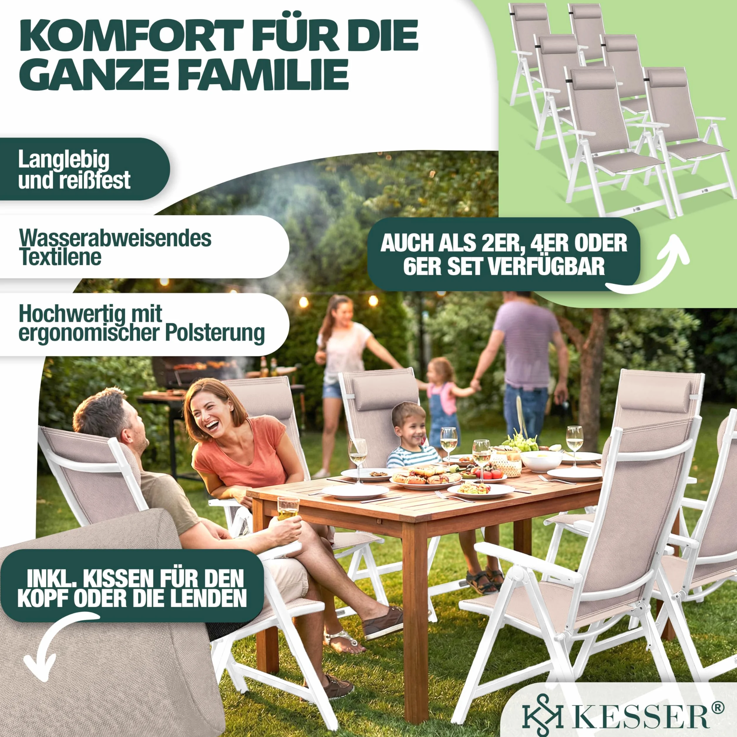 KESSER Sedia da giardino in alluminio pieghevole con cuscino e copertura, schienale regolabile 7 posizioni