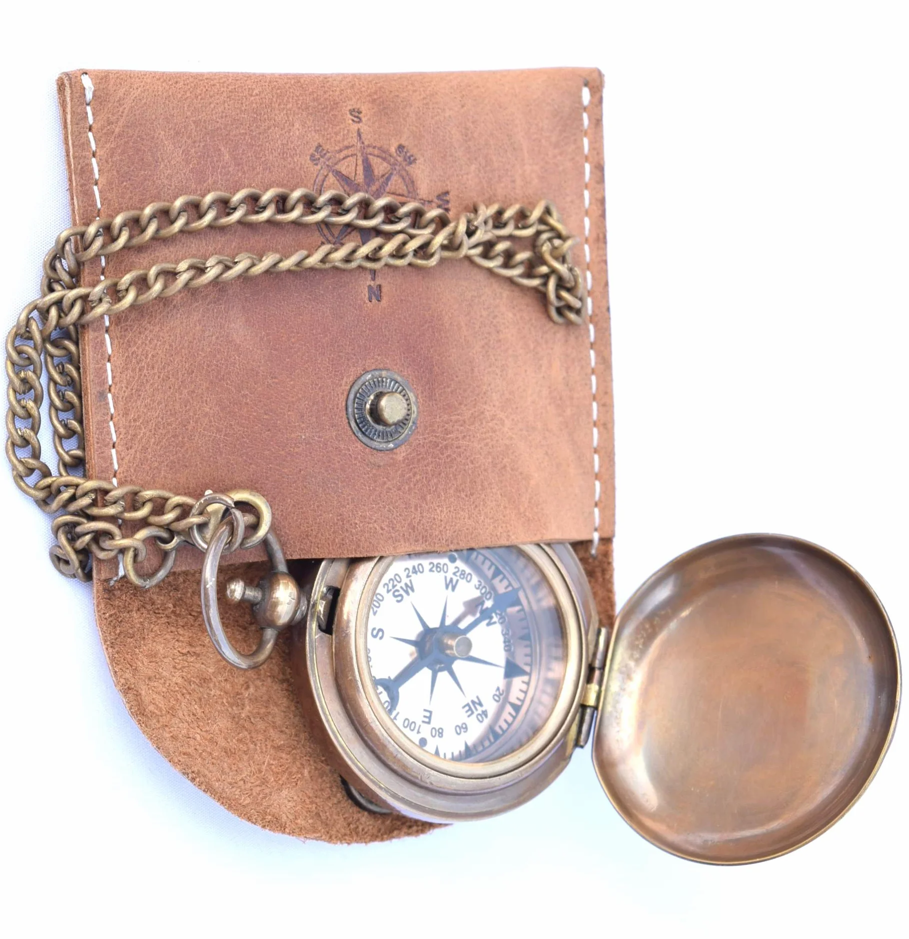 Bussola in Ottone Portatile con Catena e Custodia in Pelle