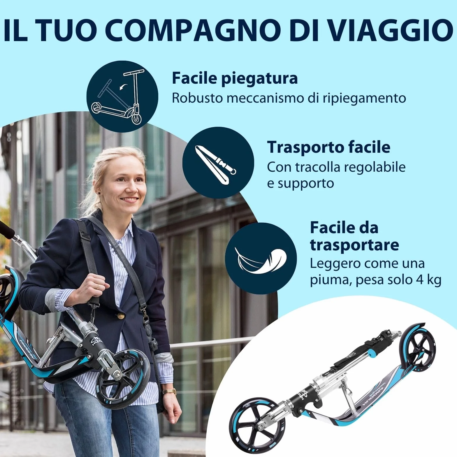 HUDORA Monopattino BigWheel 205 – Pieghevole Regolabile Alluminio per Bambini e Adulti 100 kg Nero/Blu