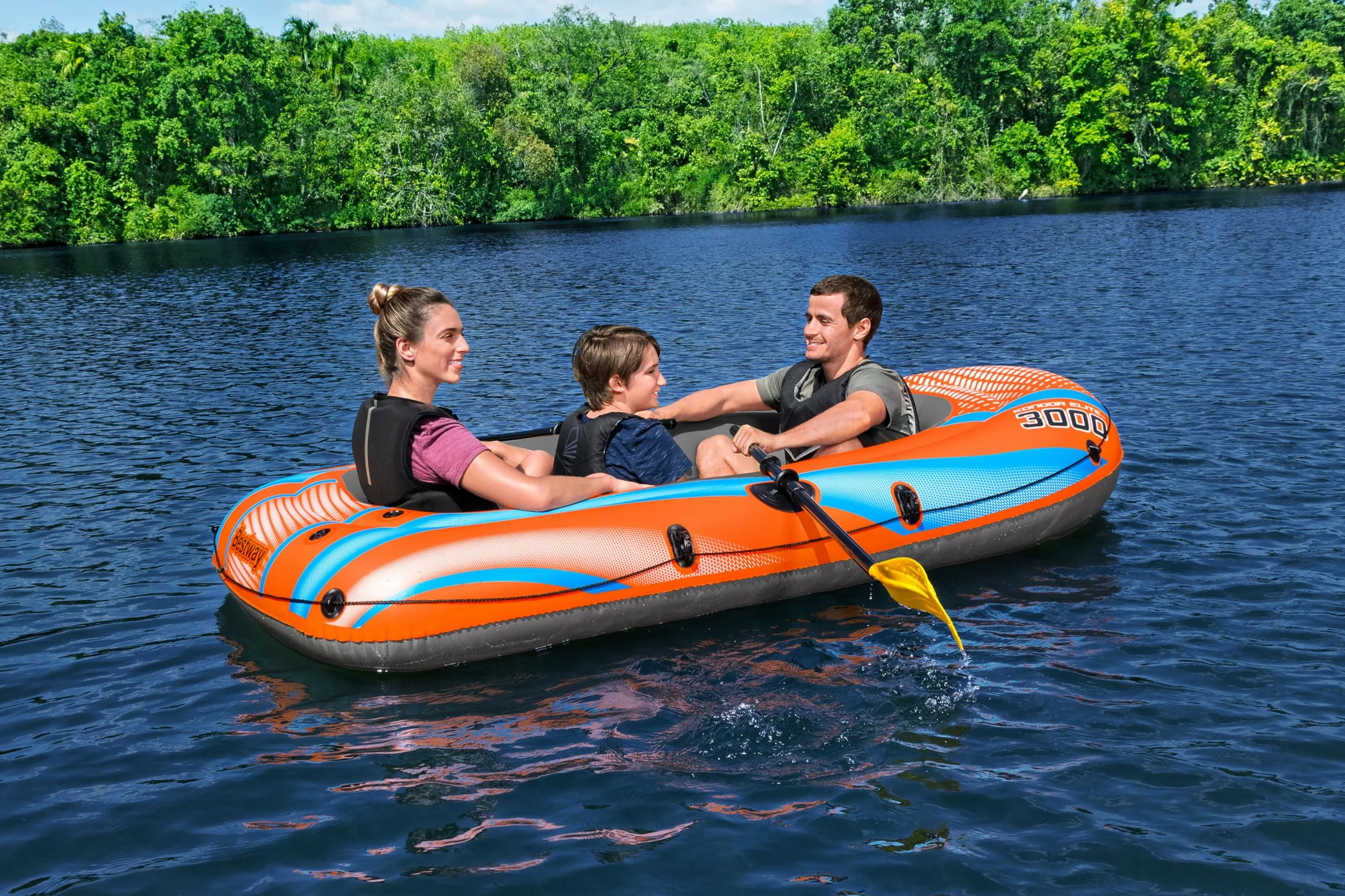 Bestway Inflatable Boat, Kondor 3000, 3 Persons, Raft Set with Oar and Hand/Foot Pump, Heavy Duty Handles and Interlocking Valves, 8.1” x 48”, 2.46m x 1.22m