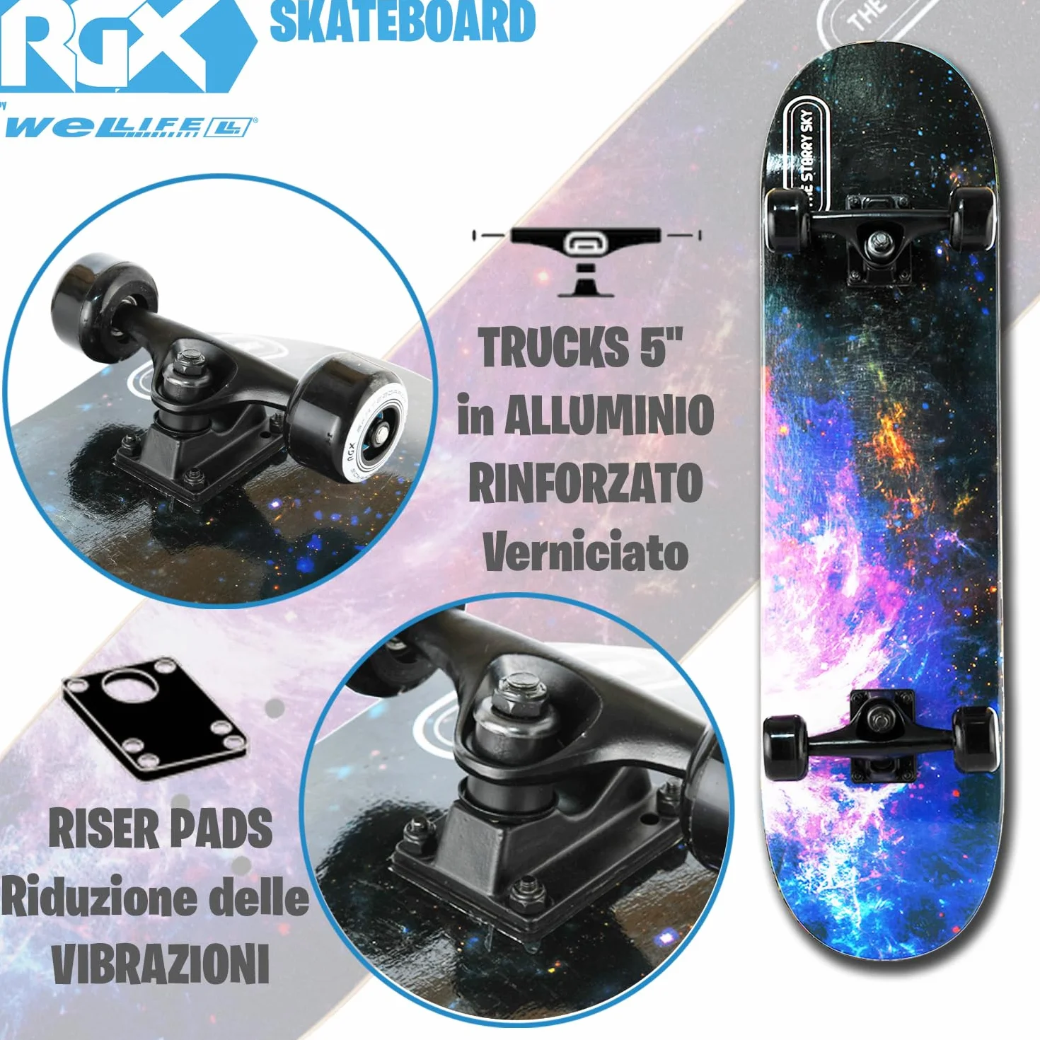 WeLLIFE Skateboard Completo Serie RGX 80x20 cm 9 Strati d’Acero Concavo Double Kick Cuscinetti Abec-7