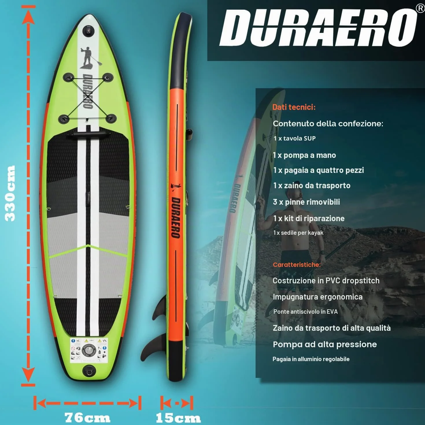 Tavola SUP Gonfiabile Premium 330x76x15 cm 150 kg con Sedile Kayak e Supporto Telecamera