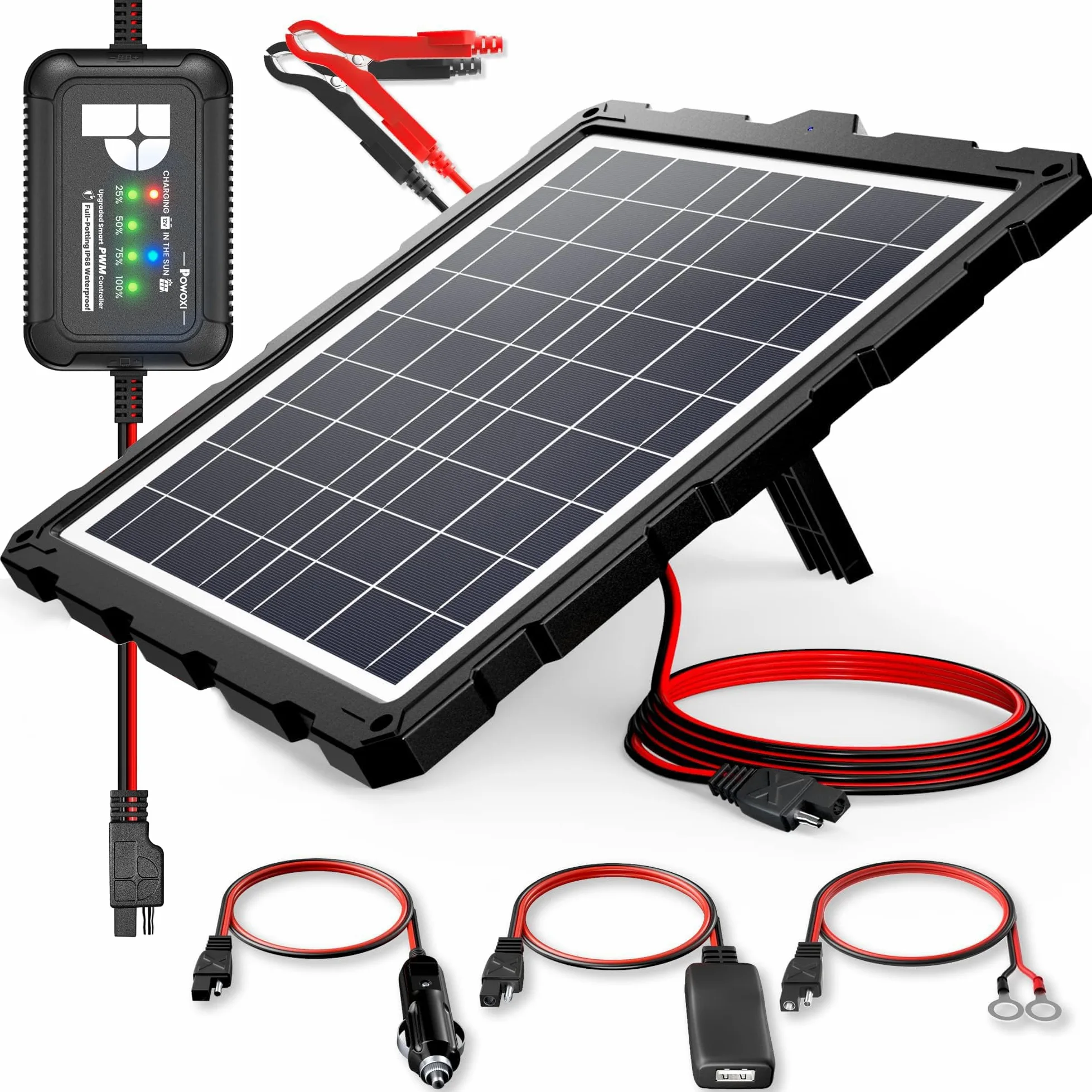 POWOXI - Aggiornamento-20W-Solar-Battery-Maintainer-Maintainer, regolatore di carica PWM intelligente esterno a 3 stadi, kit di ricarica da 12 V pannello solare per auto, moto, marina, camper, ecc