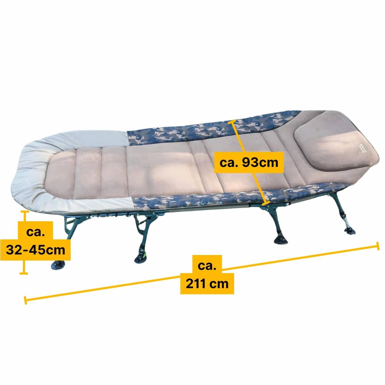 MK-Angelsport Lettino da pesca, 150 kg, XXL a 8 gambe, Fort Knox FlatSize X-Pro Camo Bedchair