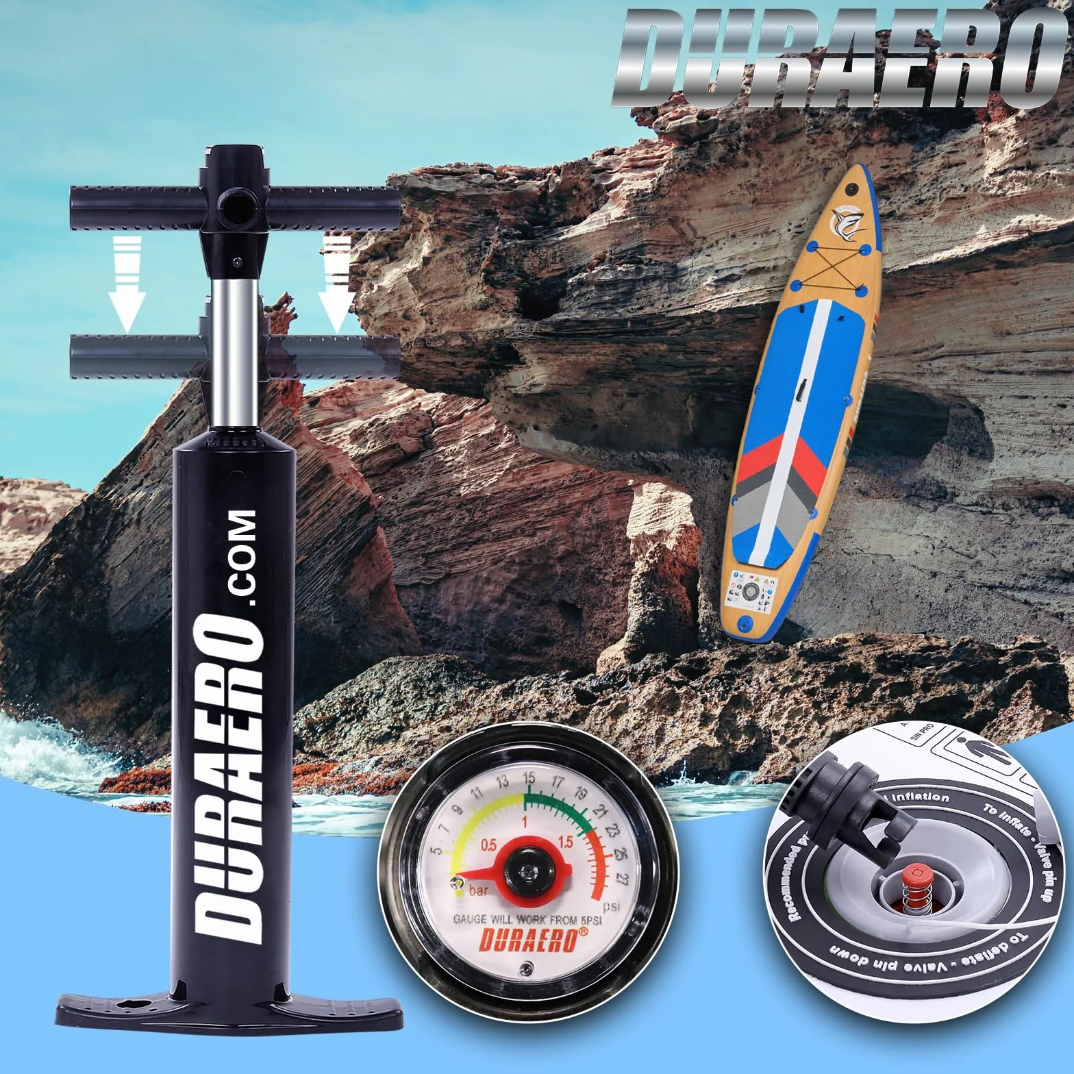 DURAERO Tavola SUP gonfiabile XXL 330cm, stand up paddle con sedile kayak e poggiapiedi, pagaia doppia, supporto fotocamera, accessori completi, portata 150 kg, effetto legno